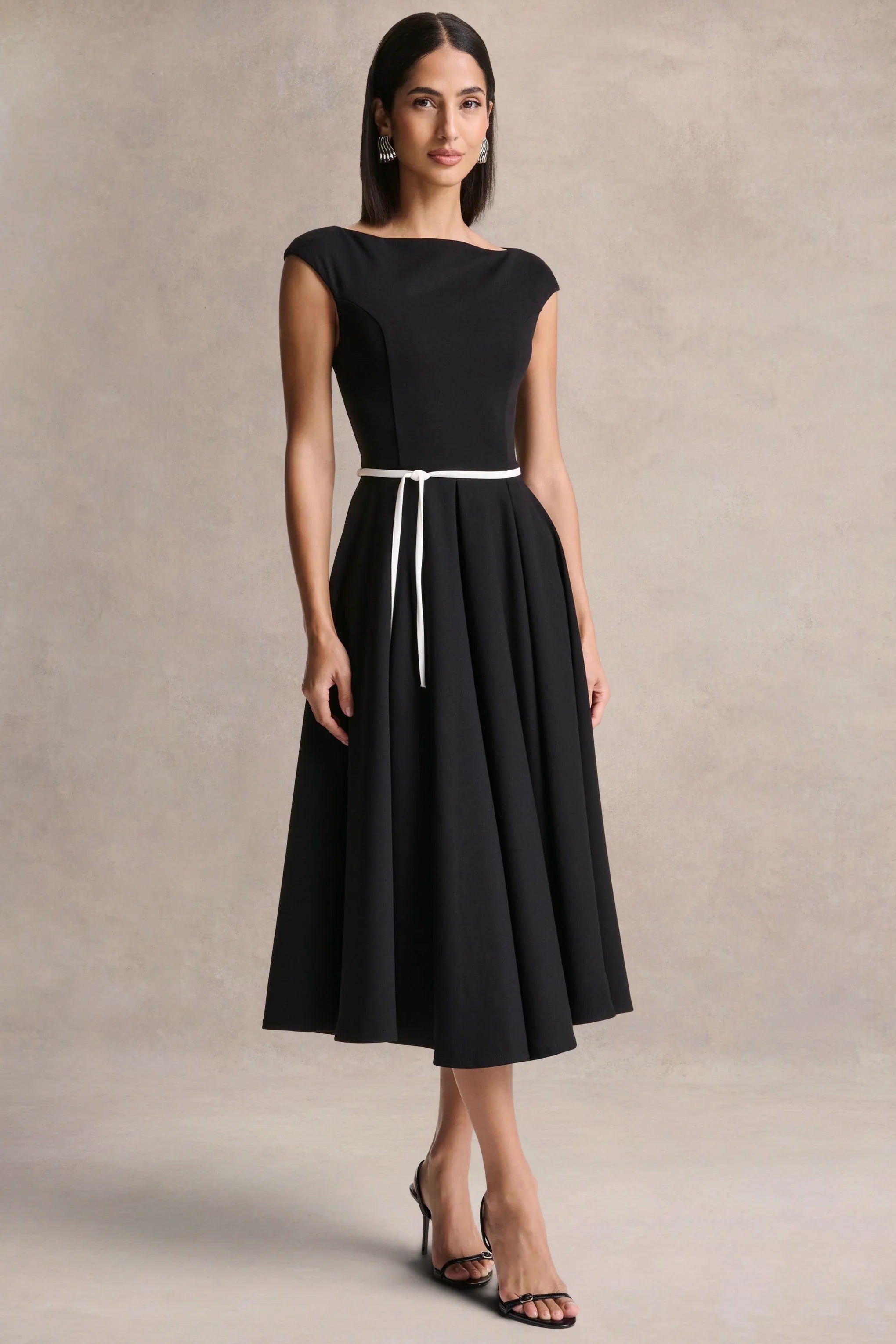 Nataline Black Round Neck Midi Dress With White Belt Detail