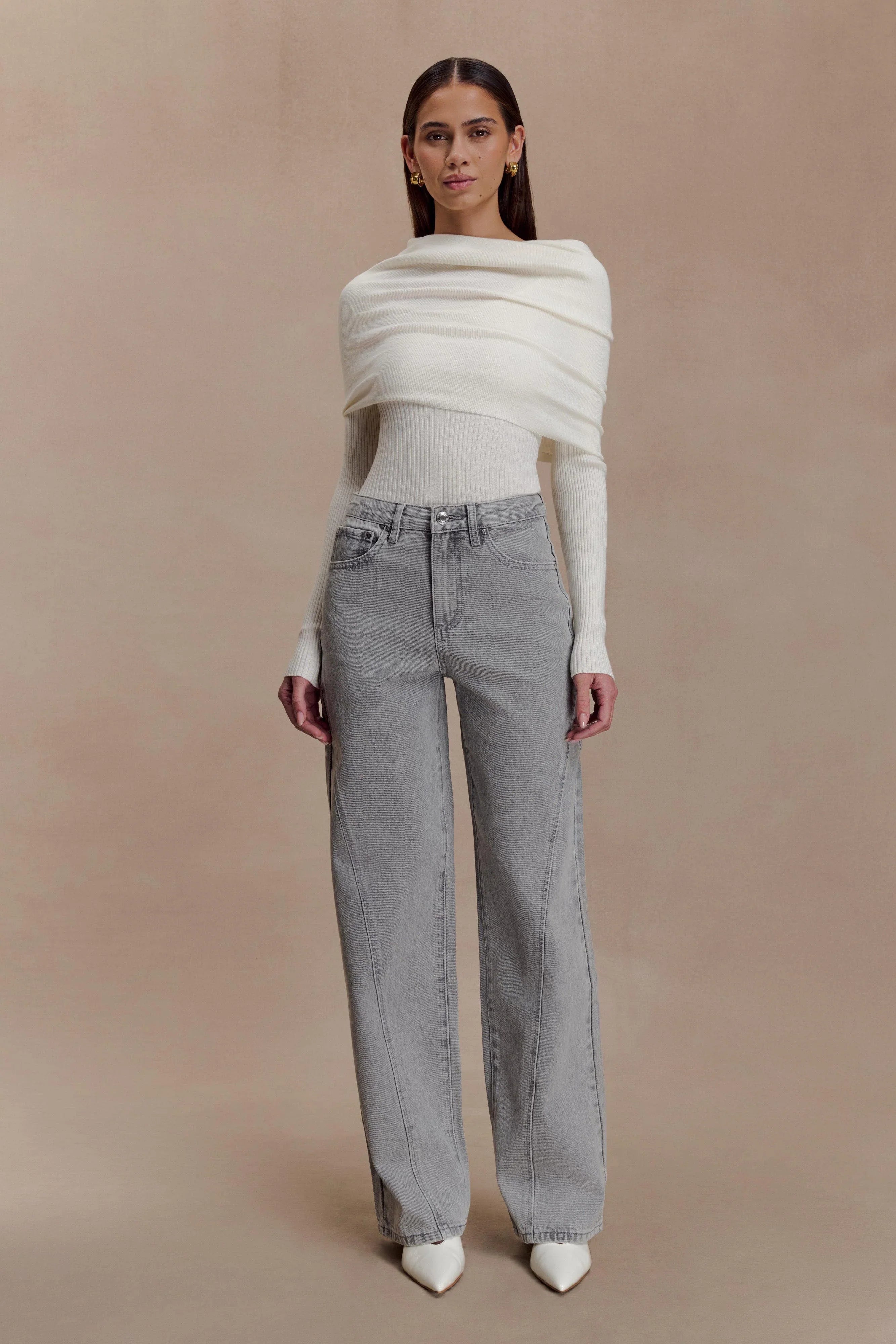 Mazie Asymetrical Cashmere Blend Long Sleeve Knit Top Ivory