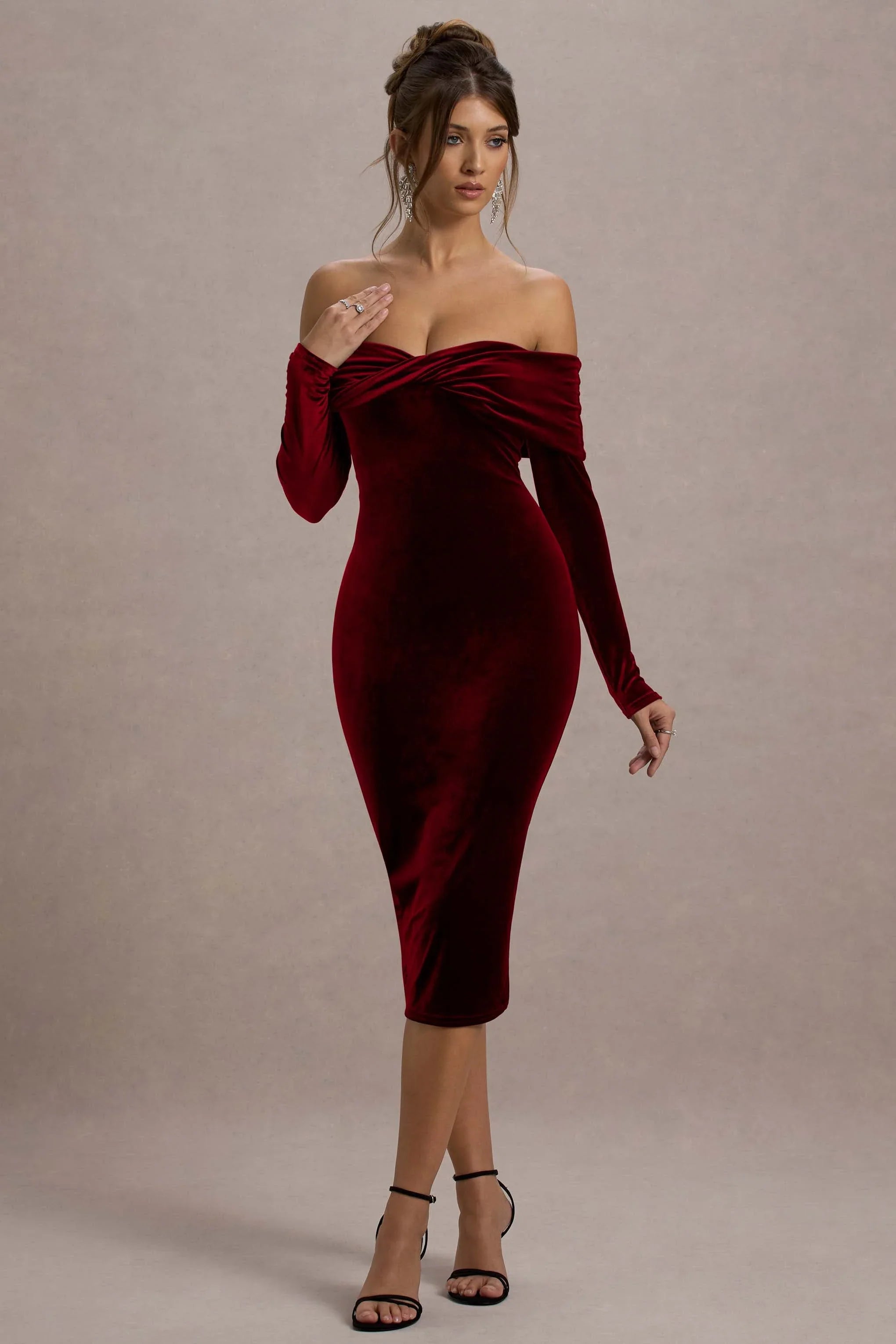 Compliment Berry Velvet Bardot Midi Dress