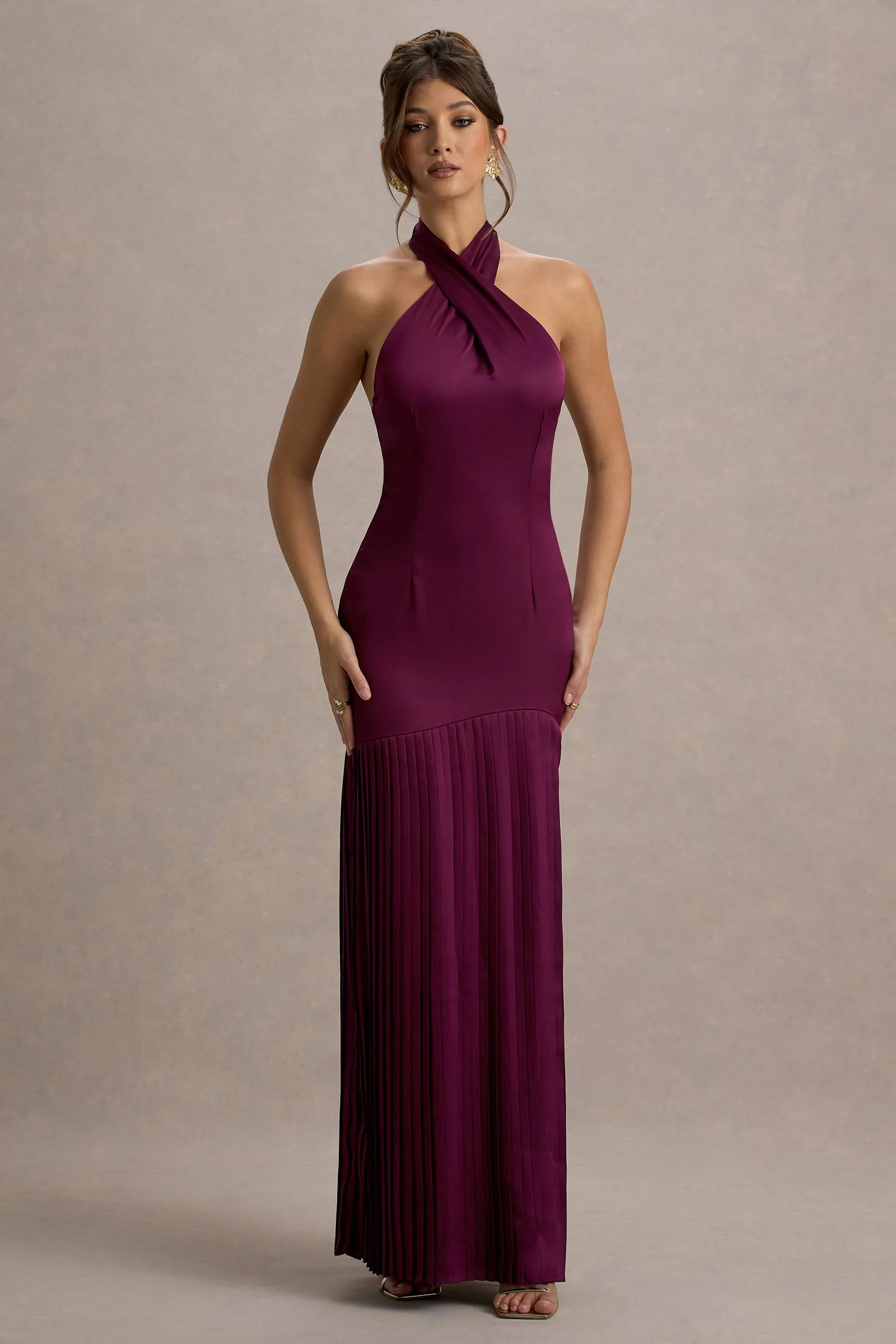 Sansa Burgundy Satin Cross Halter Neck Plisse Maxi Dress