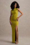 Lanetta Green Ruched High Neck Maxi Dress With Split