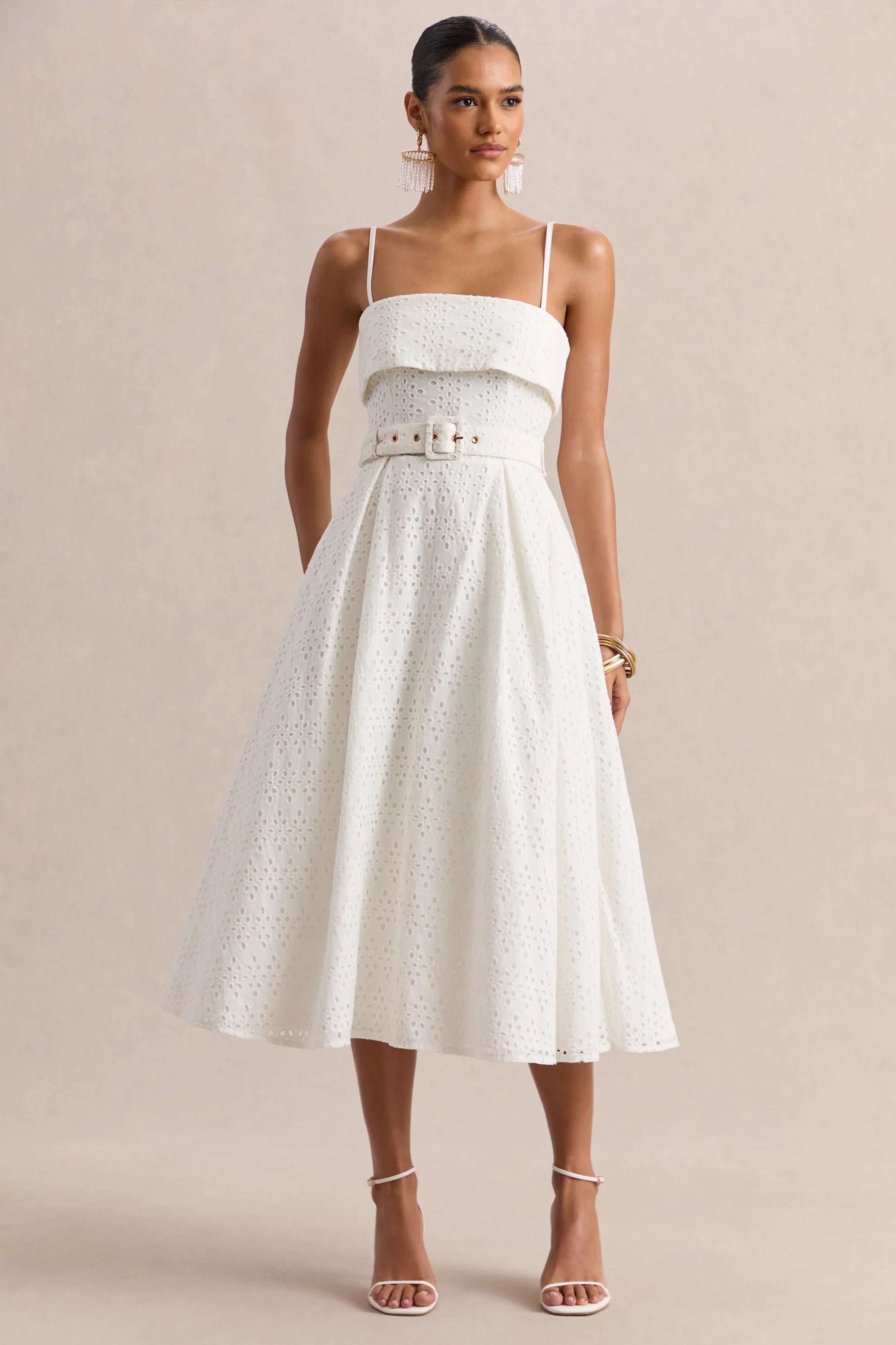 Zoeva Cream Broderie Square Neck Belted Midi Dress