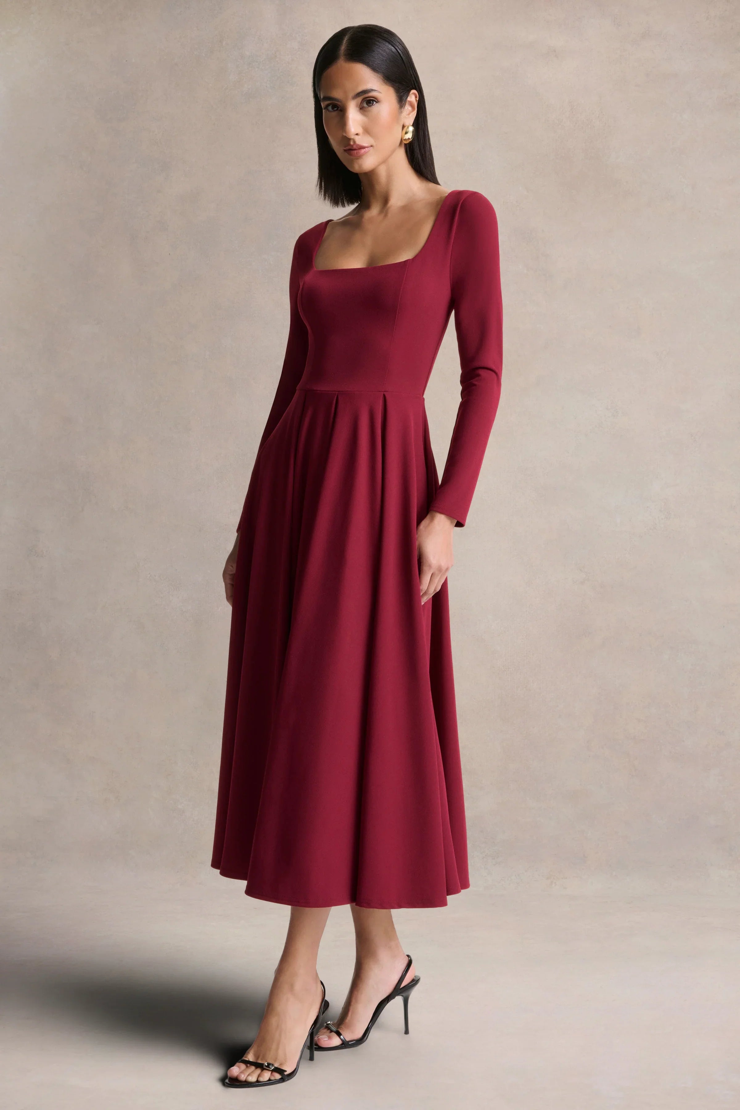 Alison Burgundy Square Neck A Line Midi Dress