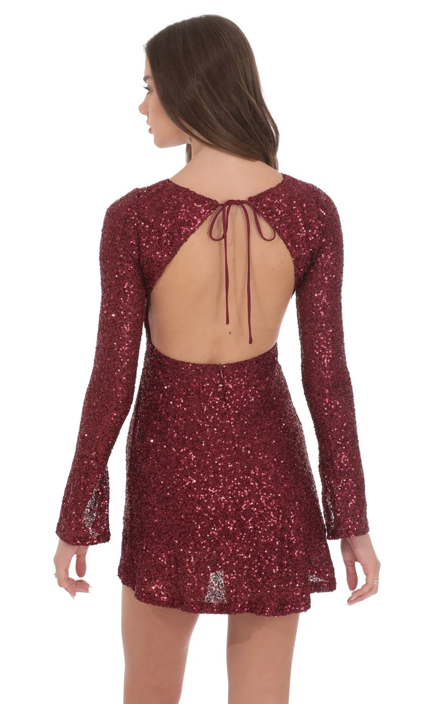 Sequin Long Sleeve Open Back Dress in Maroon