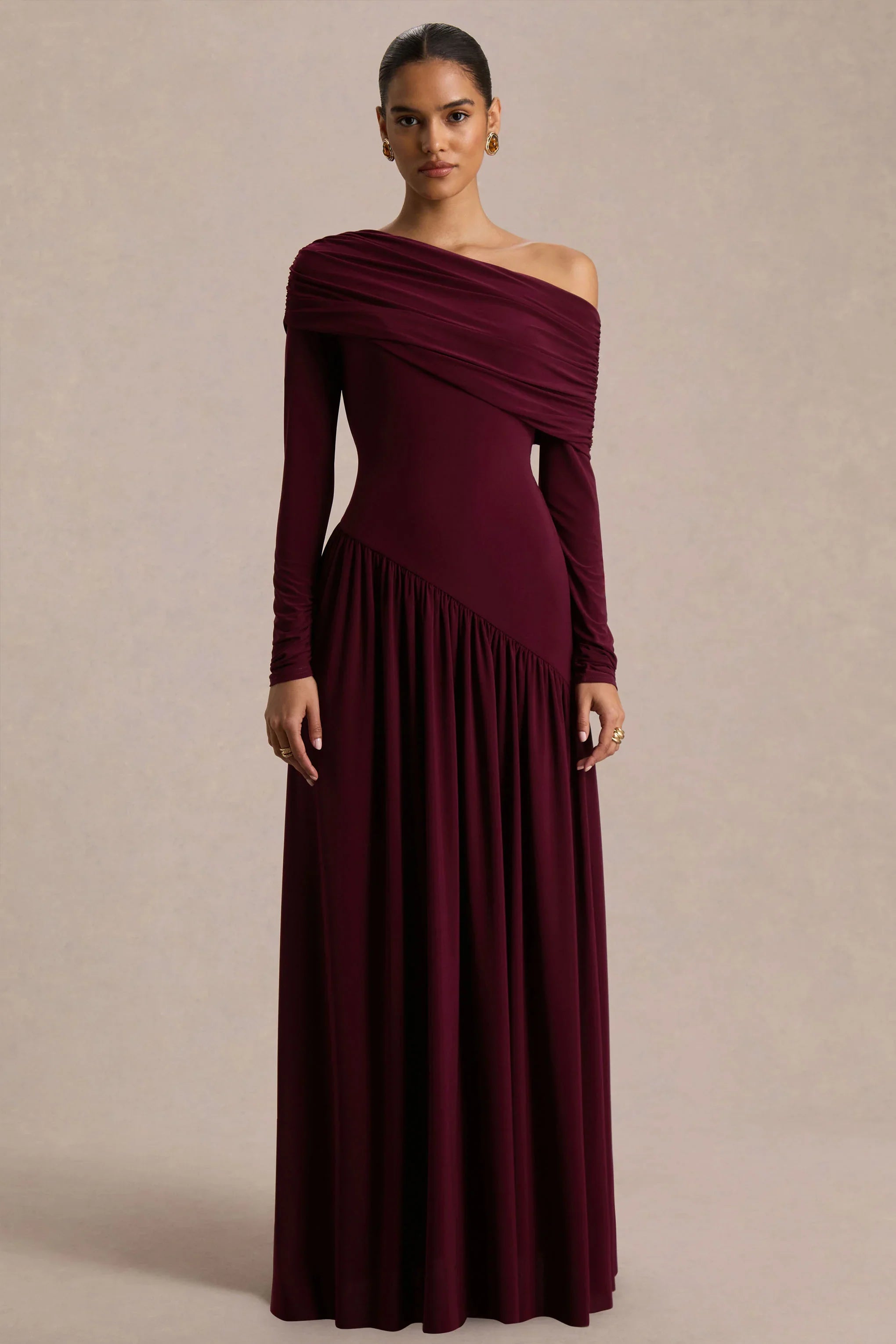 Farah Burgundy Asymmetric Neck Maxi Dress With Drop Waist And Ruched Detailing