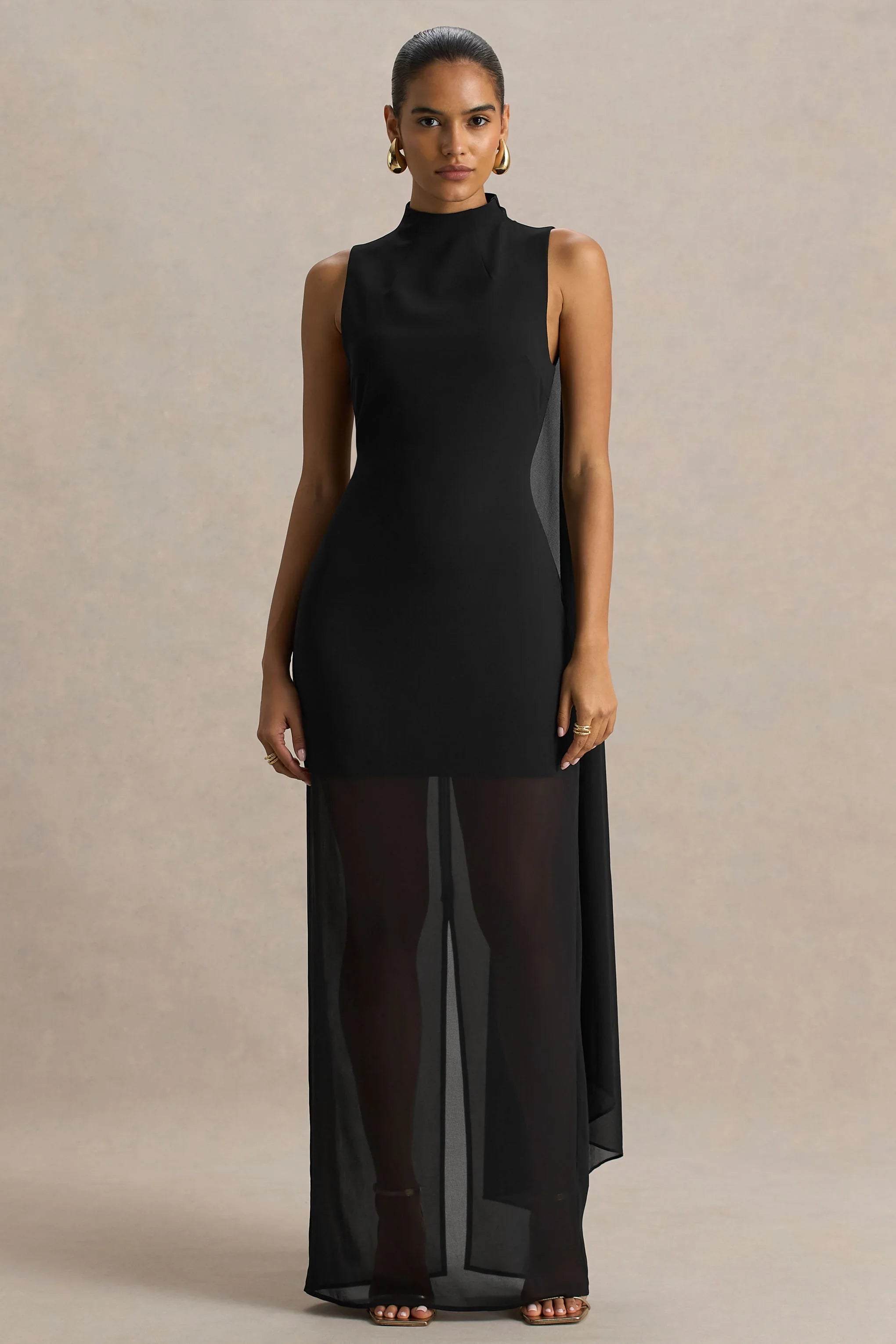 Unpredictable Black High Neck Maxi Dress With Back Cape Detail
