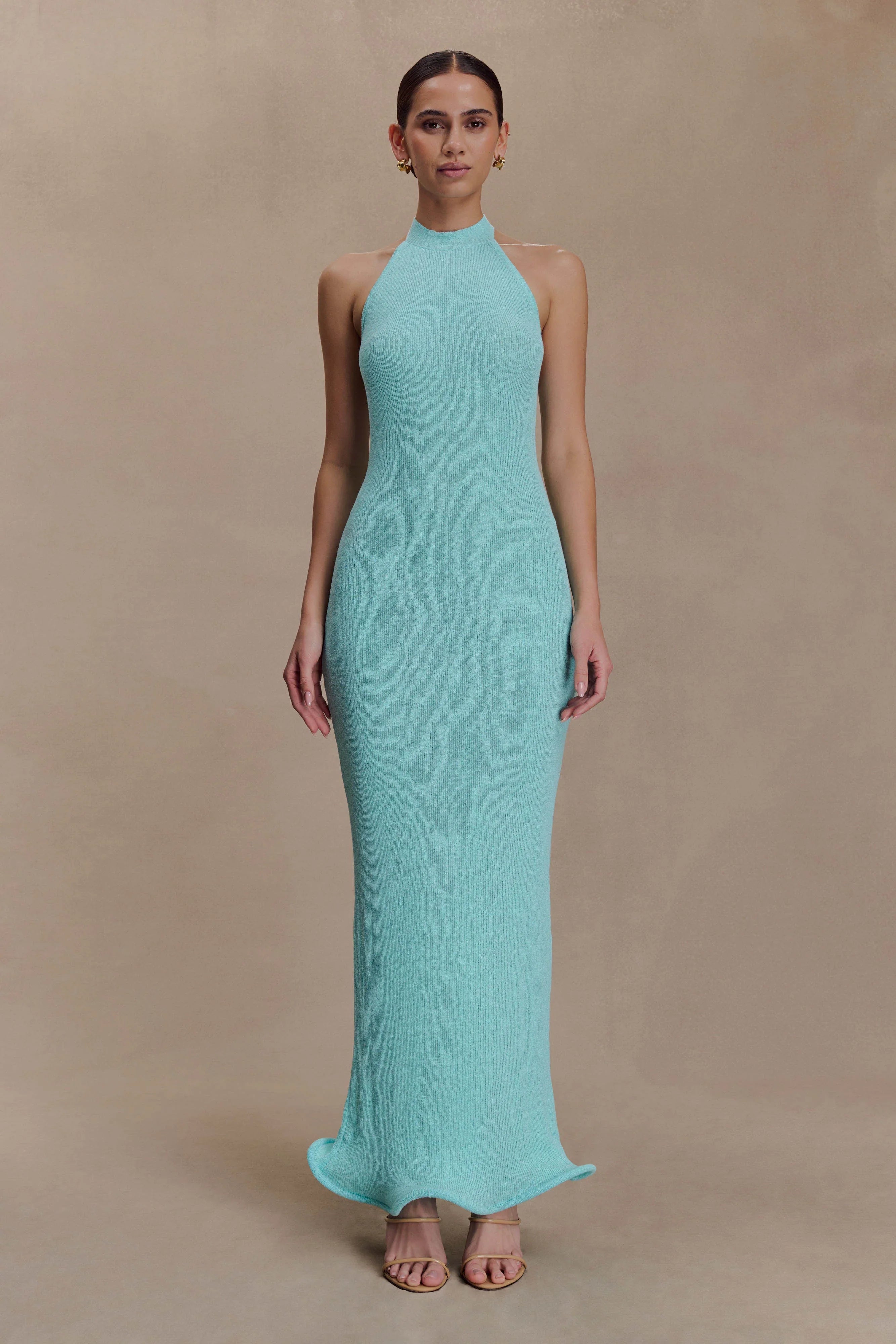 Melodie Halter Knit Maxi Dress Cyan Blue