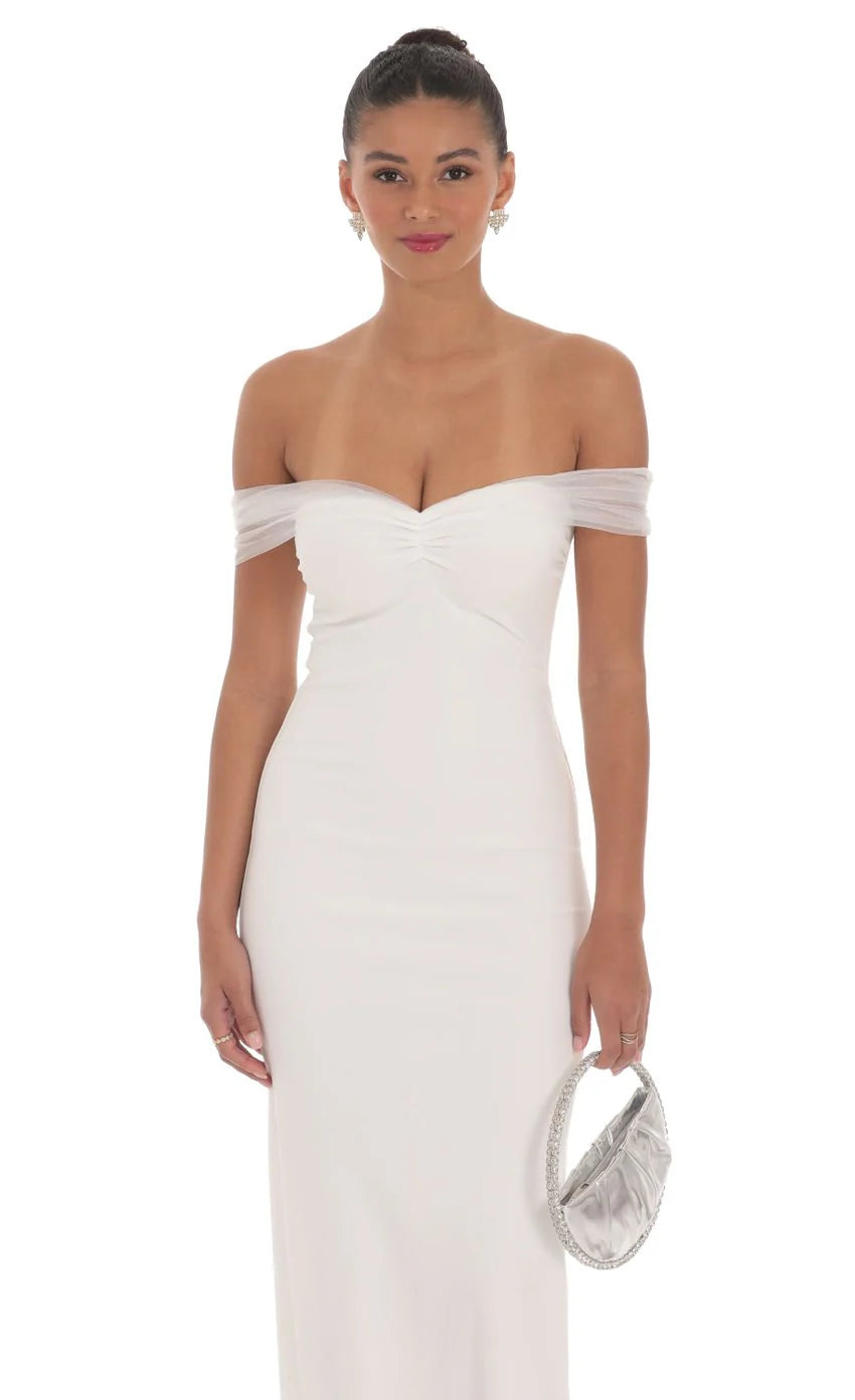 Tulle Off Shoulder Sleeve Maxi Dress in White