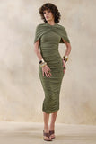 Parisia Olive Round Neck Midi Dress With Cape Detail