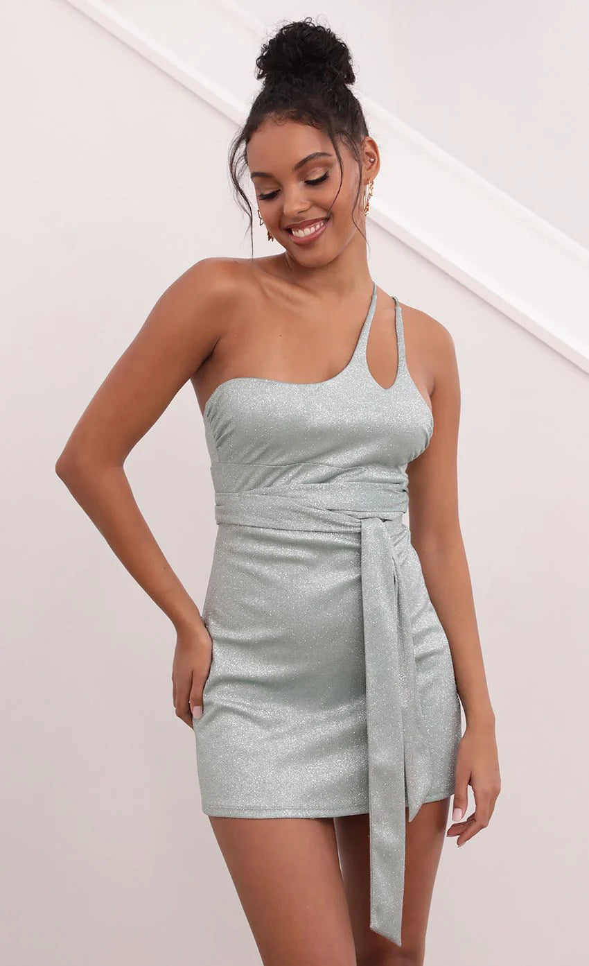Glitter One Shoulder Dress in Light Blue