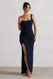 Kate Navy Square Neck Maxi Dress with Plunge Back and Side Thigh Split