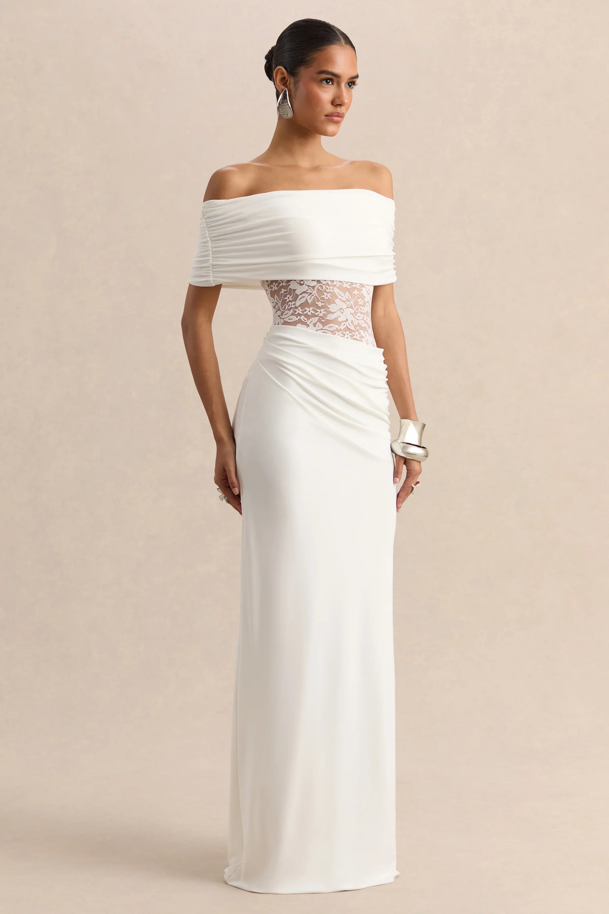 Forsya White Bardot Neck Maxi Dress With Lace Detailing