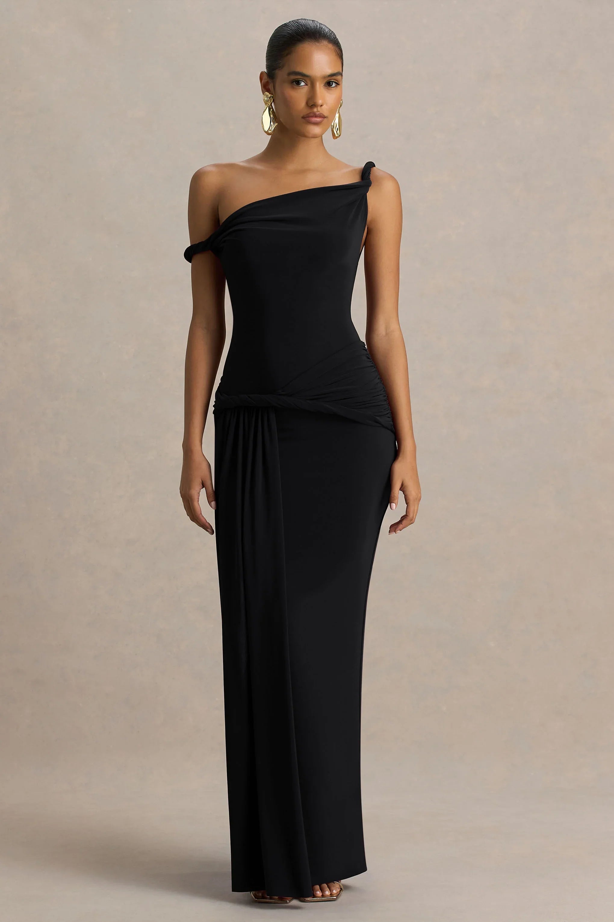 Tulisa Black Asymmetric Neck Maxi Dress With Twist Sleeves And Ruched Detailing