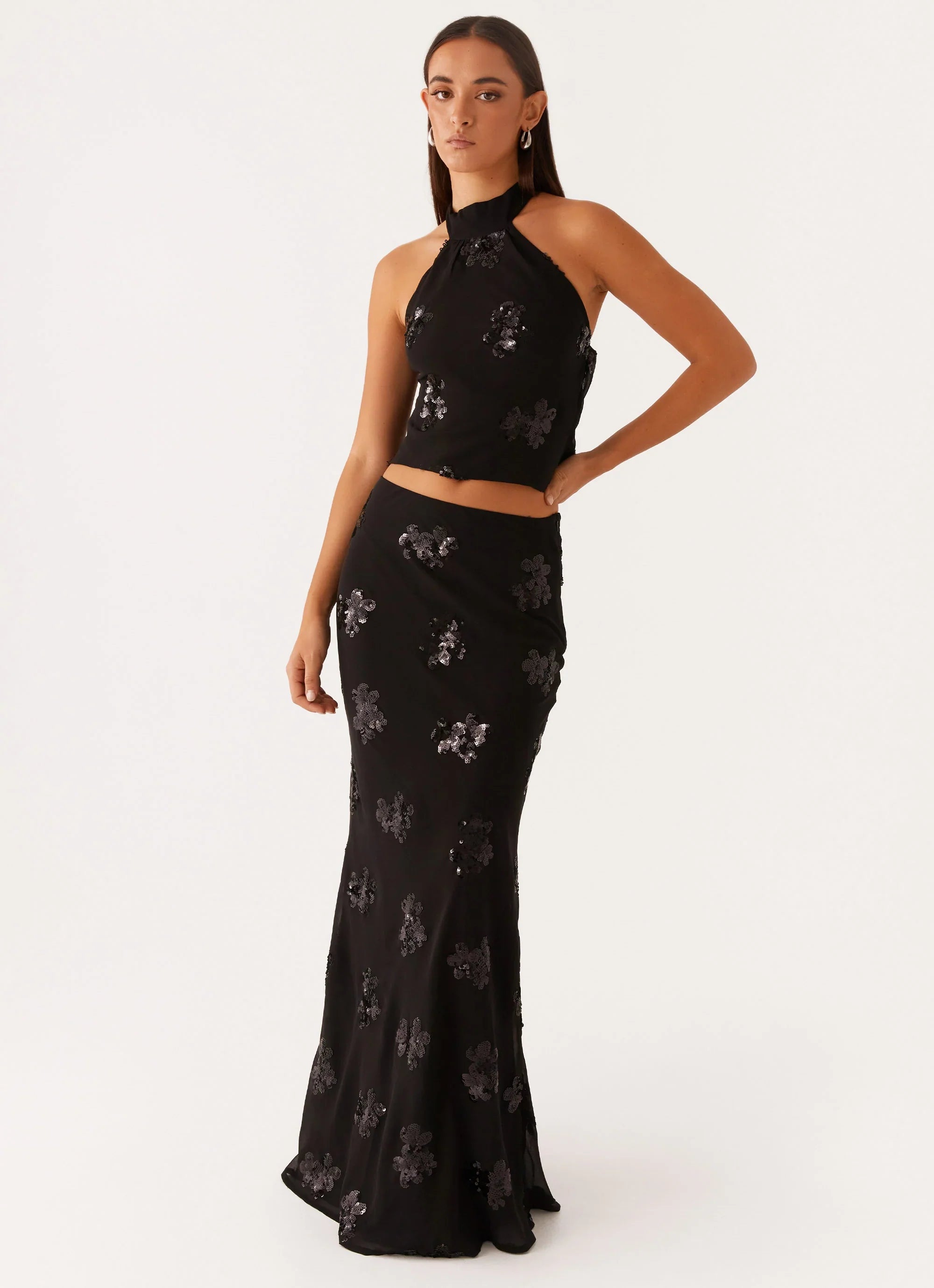 Only Girl Sequin Maxi Skirt Black