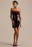 Casandra Burgundy Sequin Bandeau Mini Dress With Satin Trim