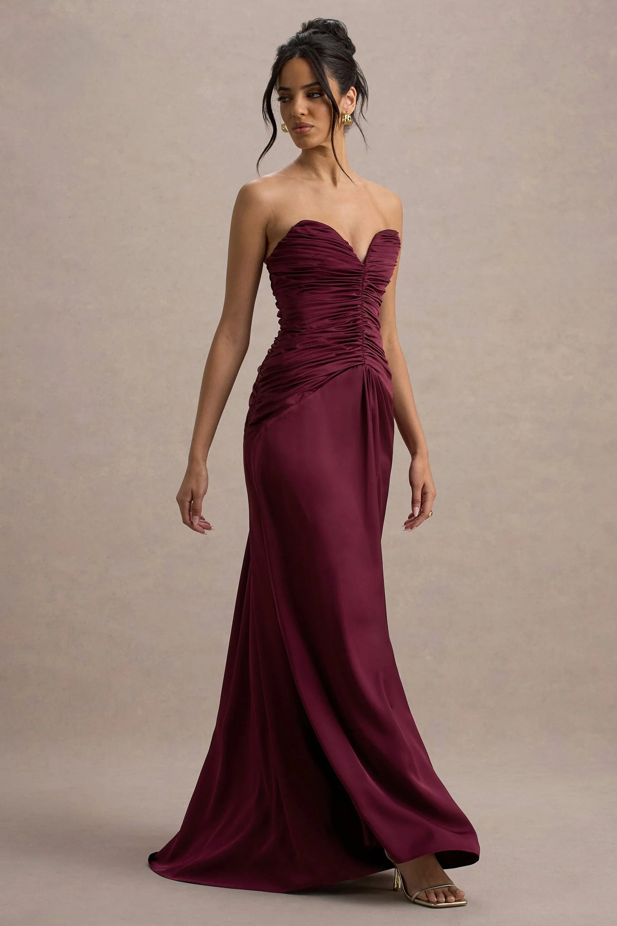 Desirie Plum Satin Sweetheart Gathered Maxi Dress