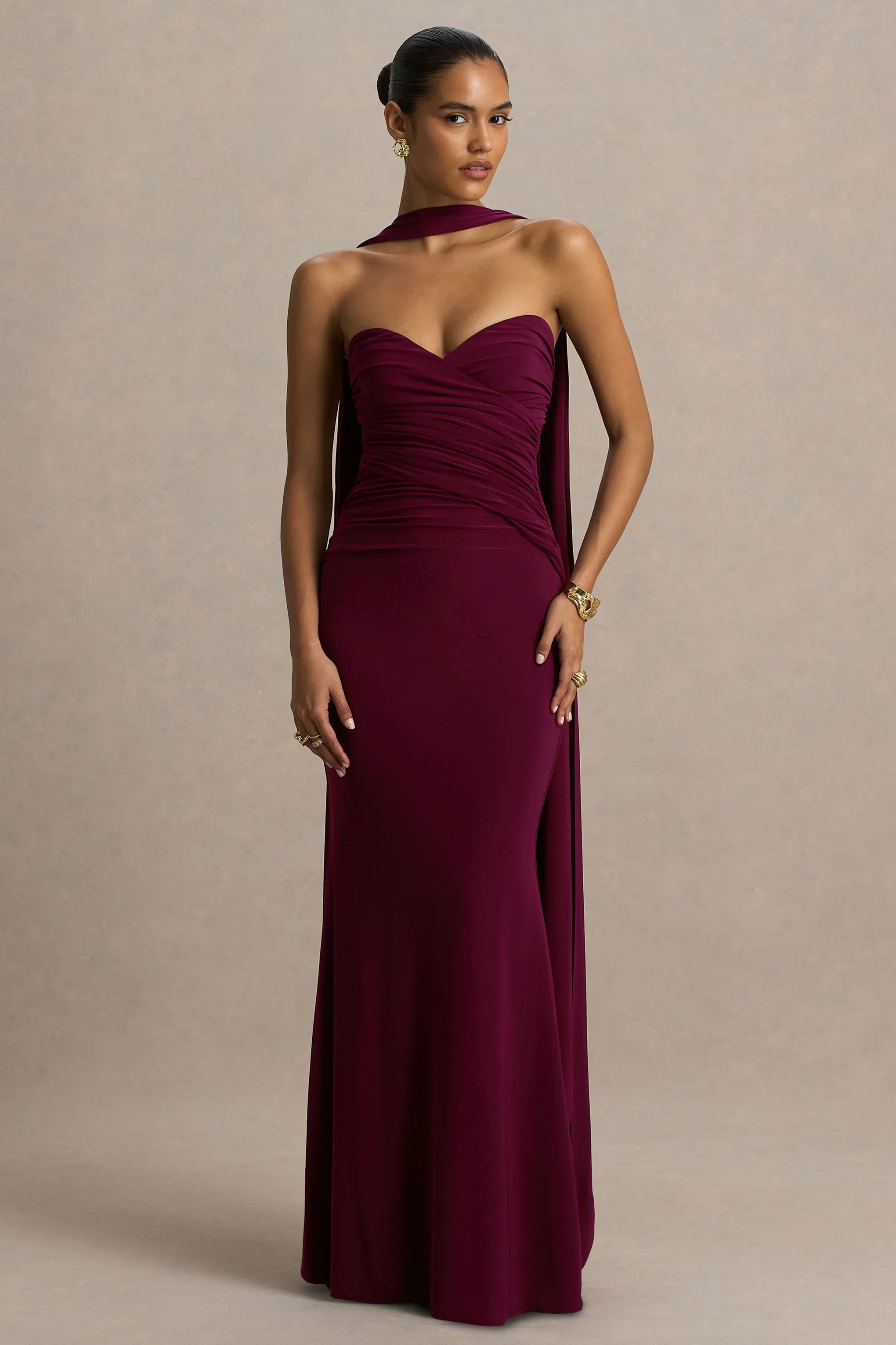 Leila Burgundy Sweetheart Maxi Dress With Scarf