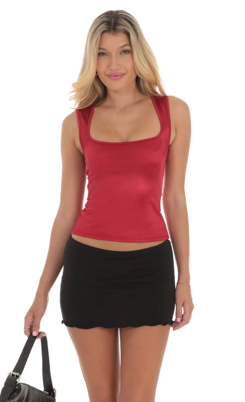 Satin Square Neck Top in Red
