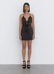 Black Satin Lace Trim Mini Dress