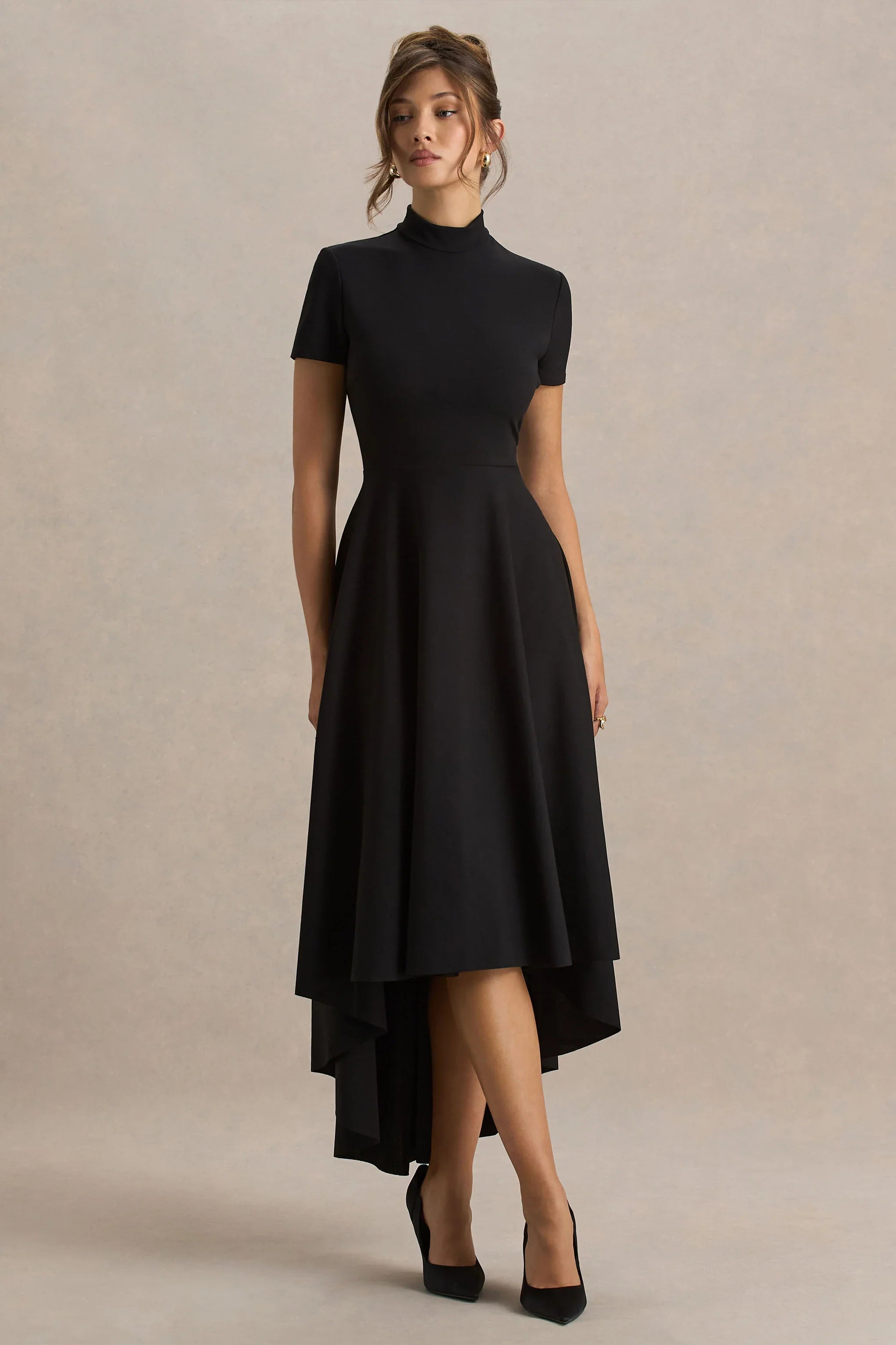 Bellona Black High Neck High Low Midi Dress