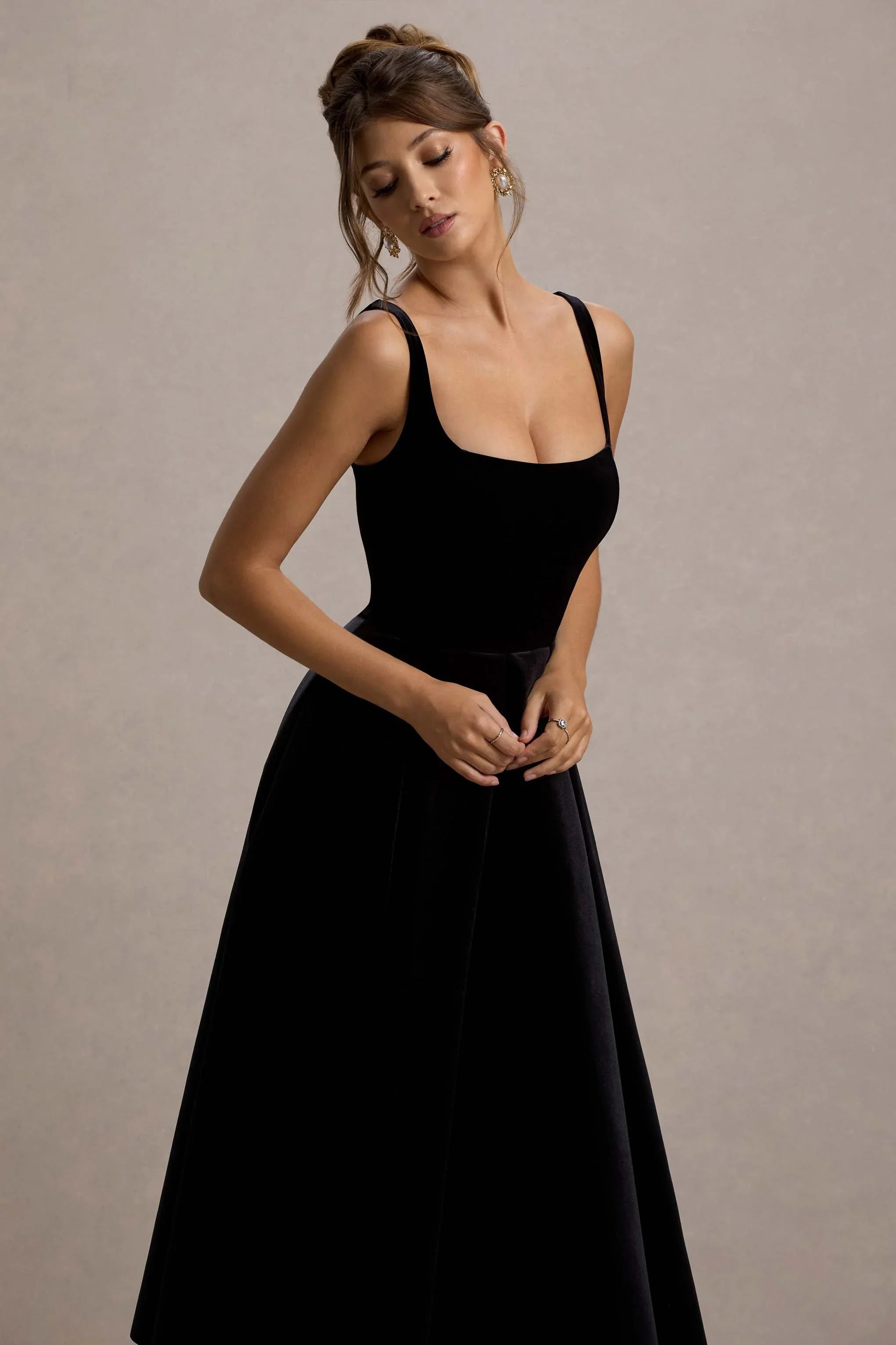 Francisca Black Velvet Strappy Volume Hem Midi Dress