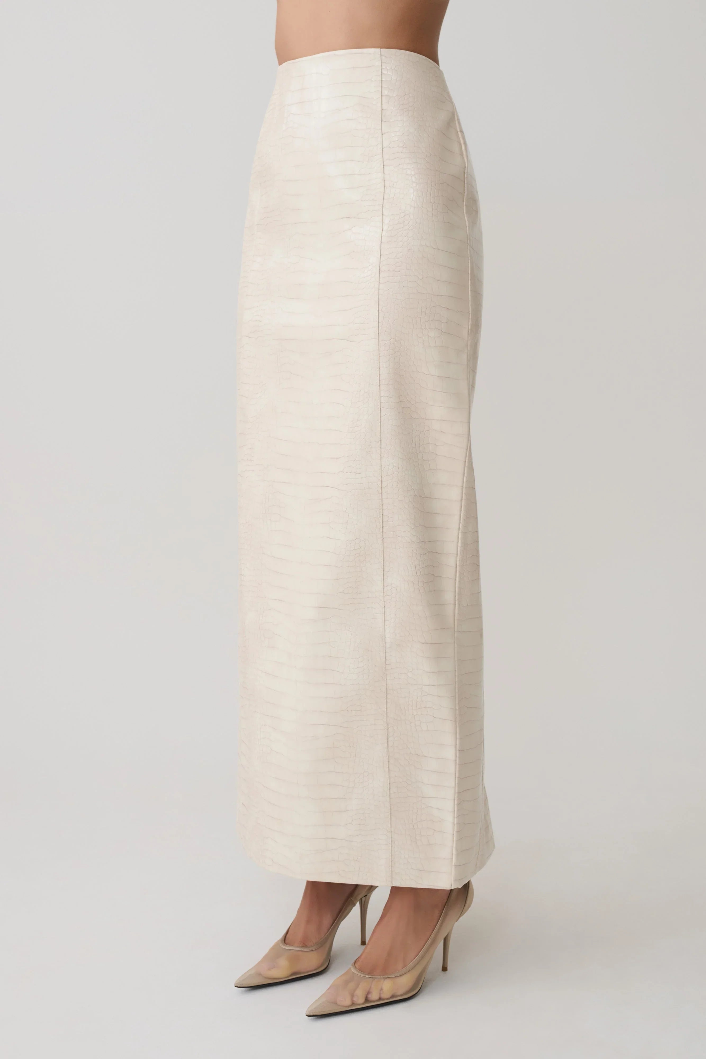 Thalia Croc Faux Leather Midi Skirt Ivory