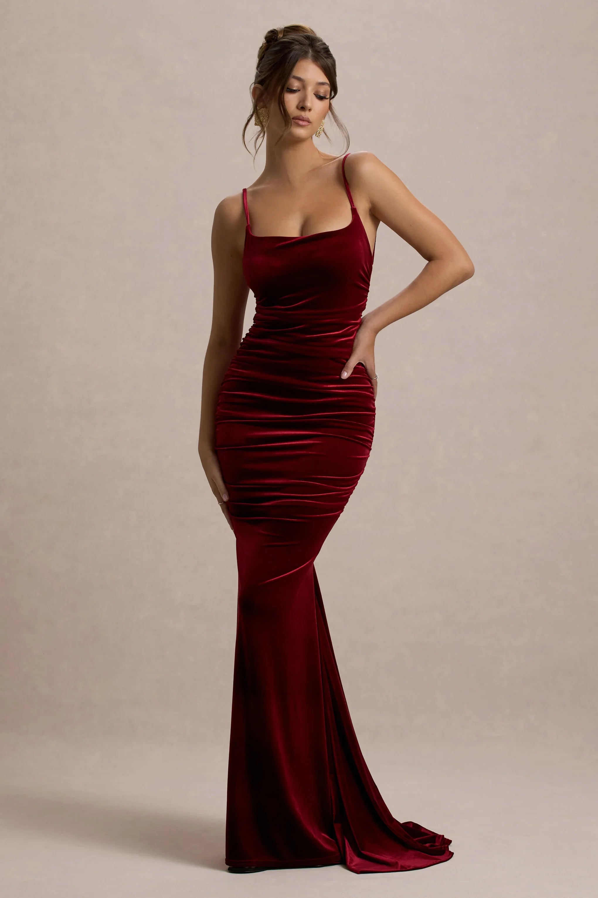 Adele Berry Velvet Ruched Strappy Fishtail Maxi Dress