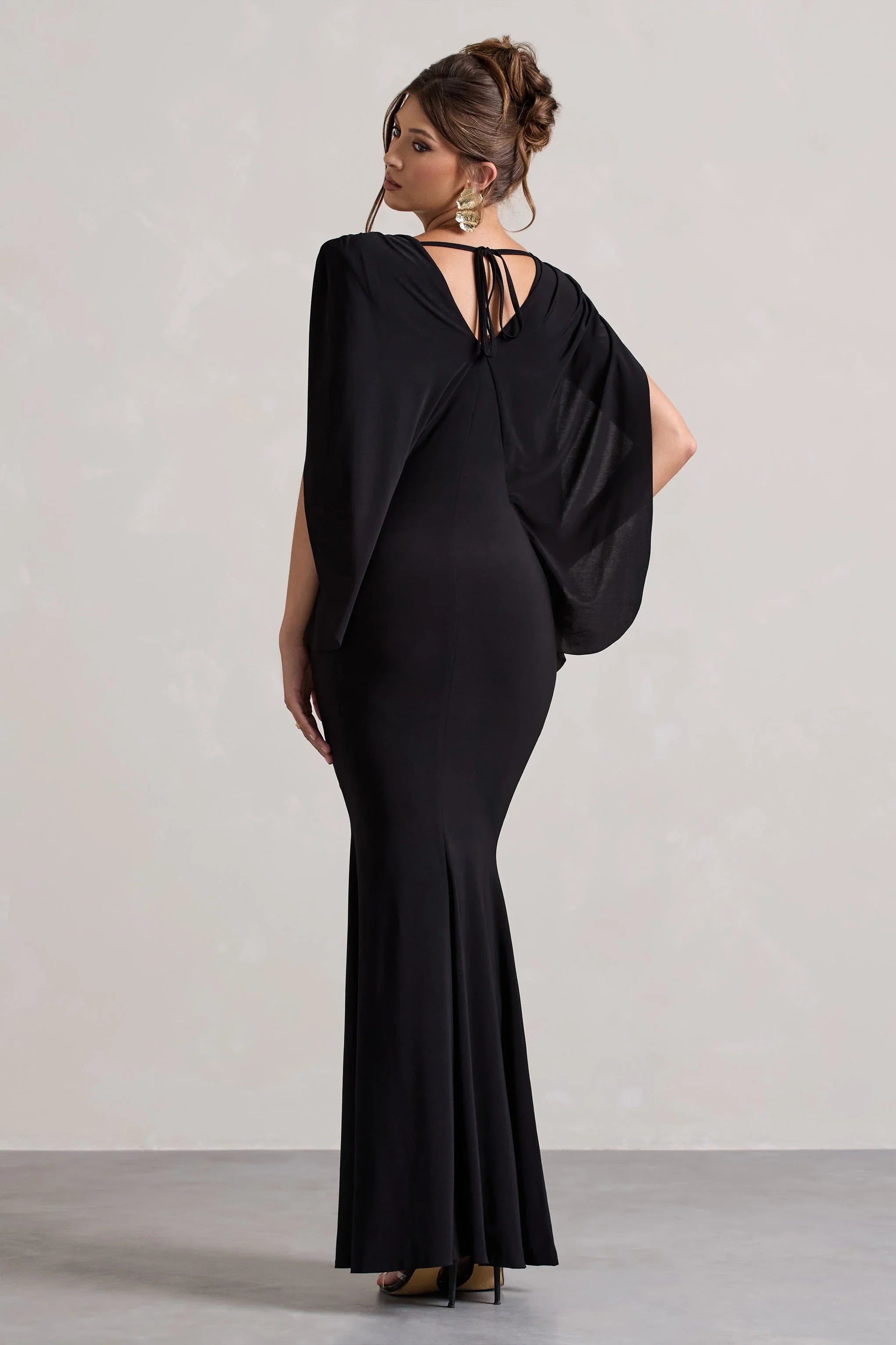Perry Black V Neck Cape Sleeve Split Maxi Dress