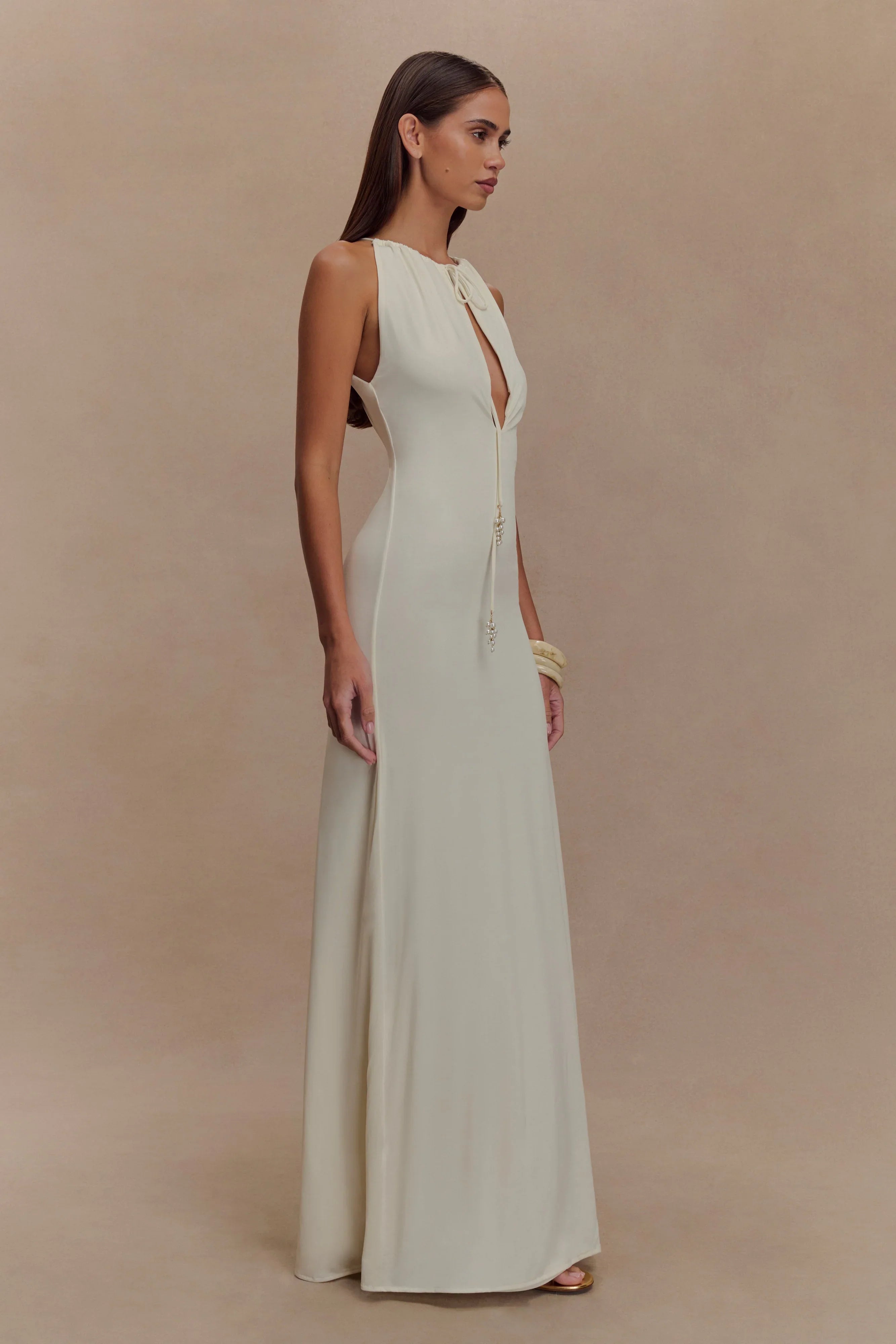 Beryl Slinky Maxi Dress With Pearls Ivory