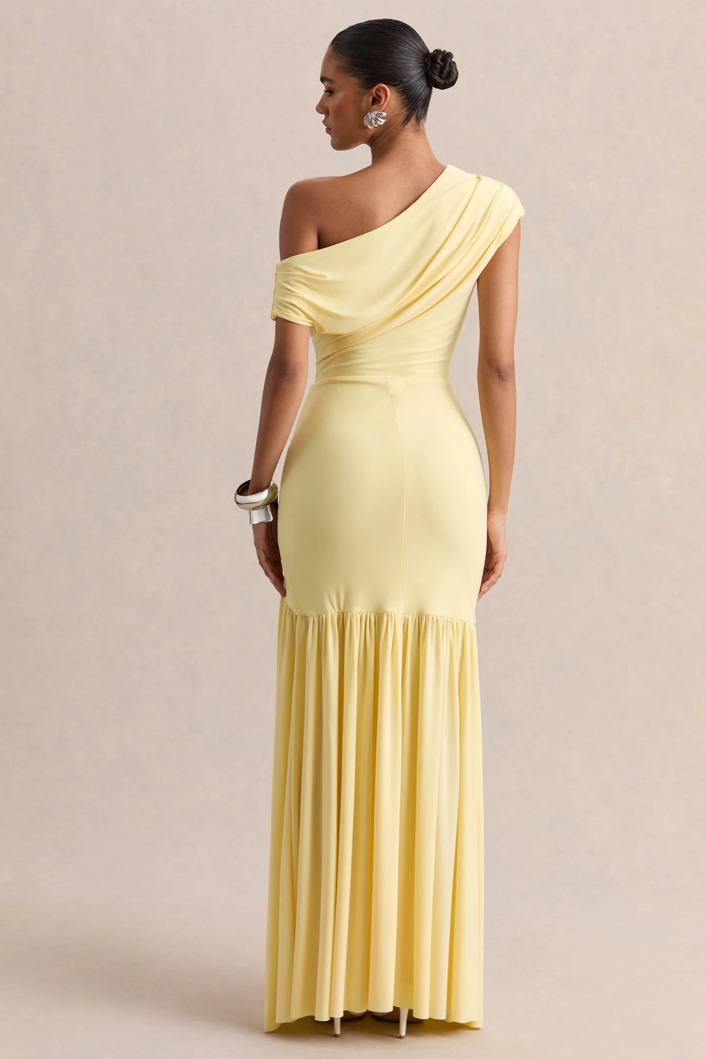 Kady Lemon Asymmetric Neck Maxi Dress With Ruched Detailing