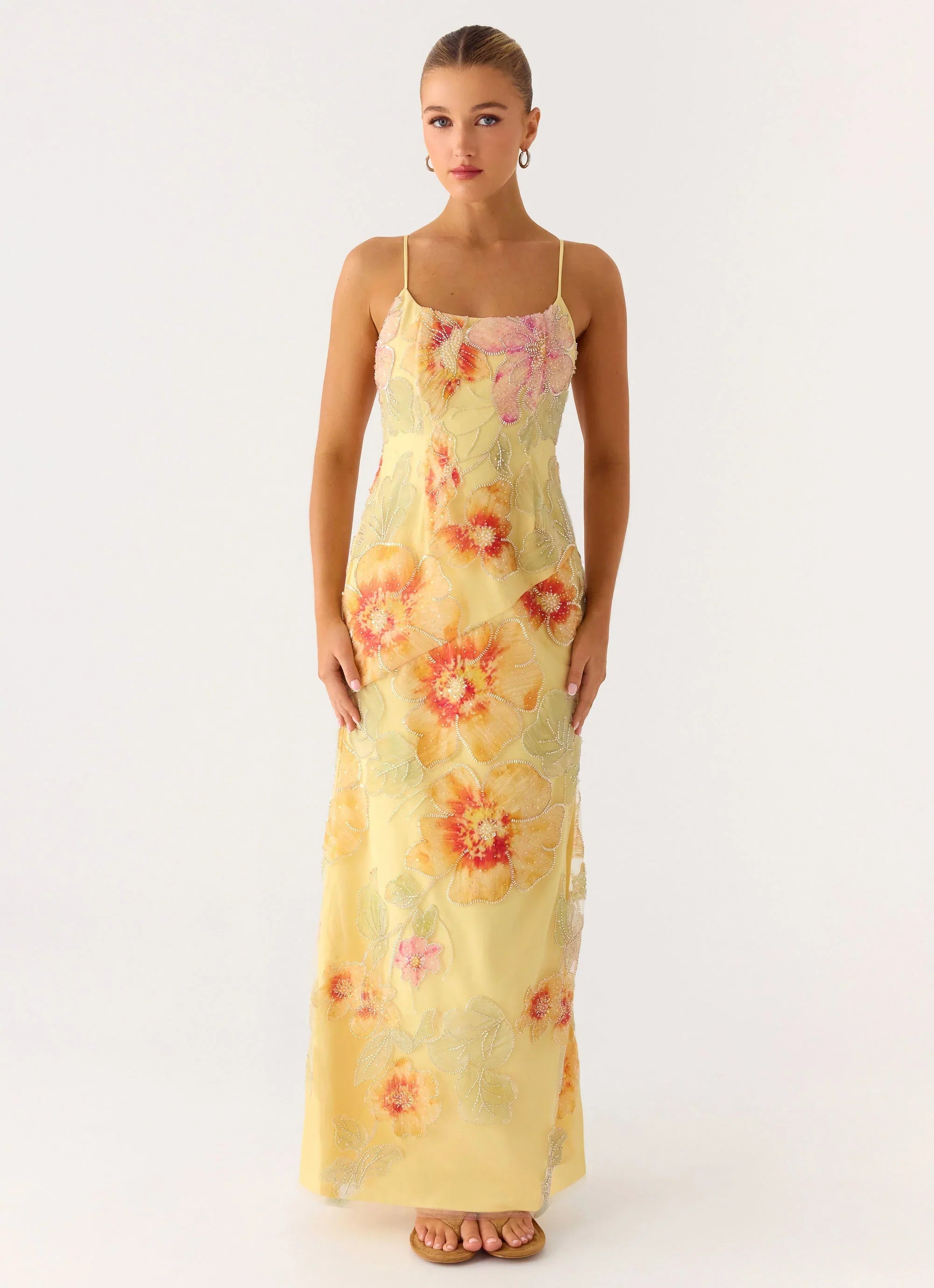 Morning Light Beaded Maxi Dress Yellow Floral Beaded