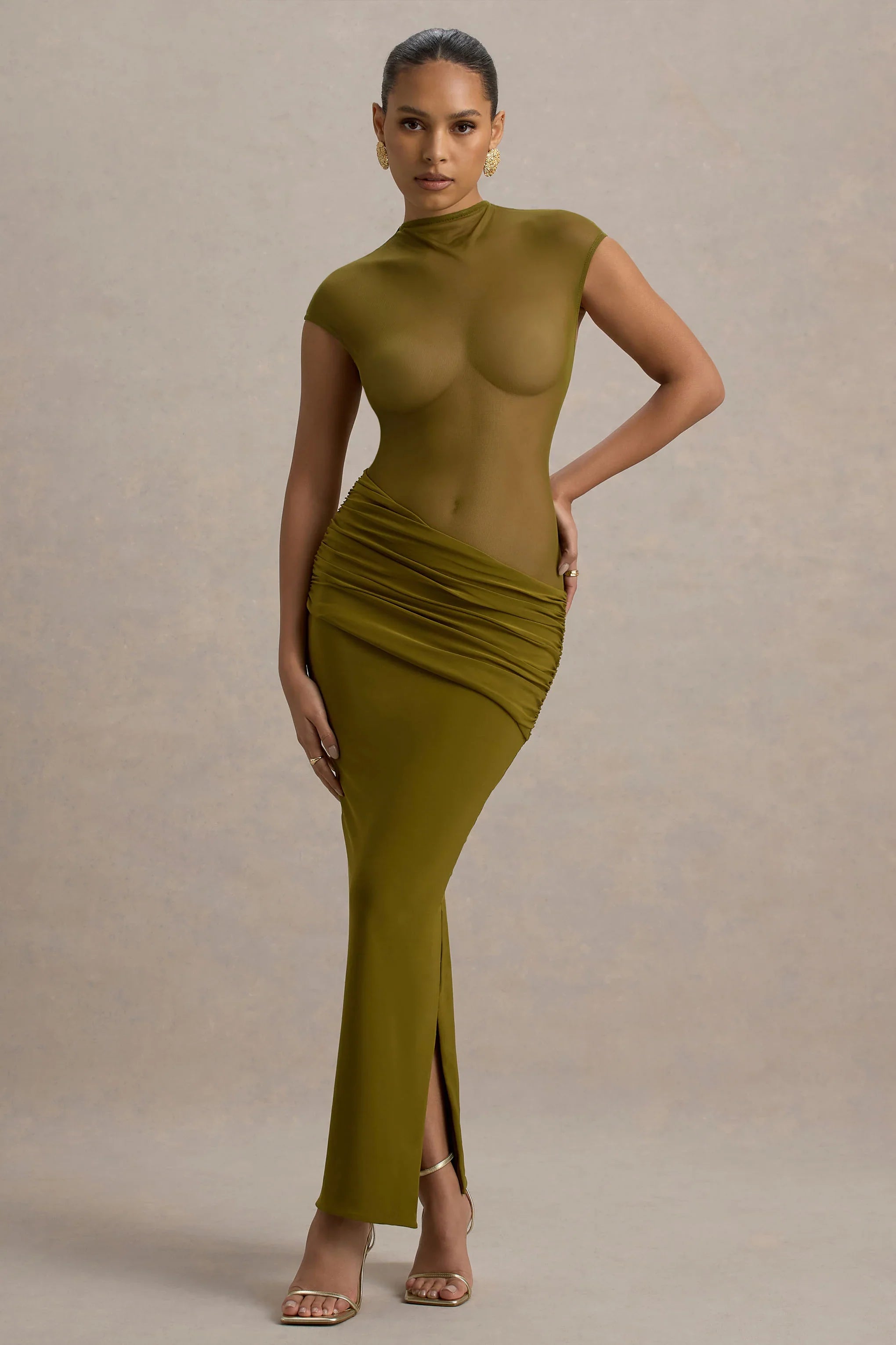 Asia Green Sheer Short Sleeve Draped Maxi Dress