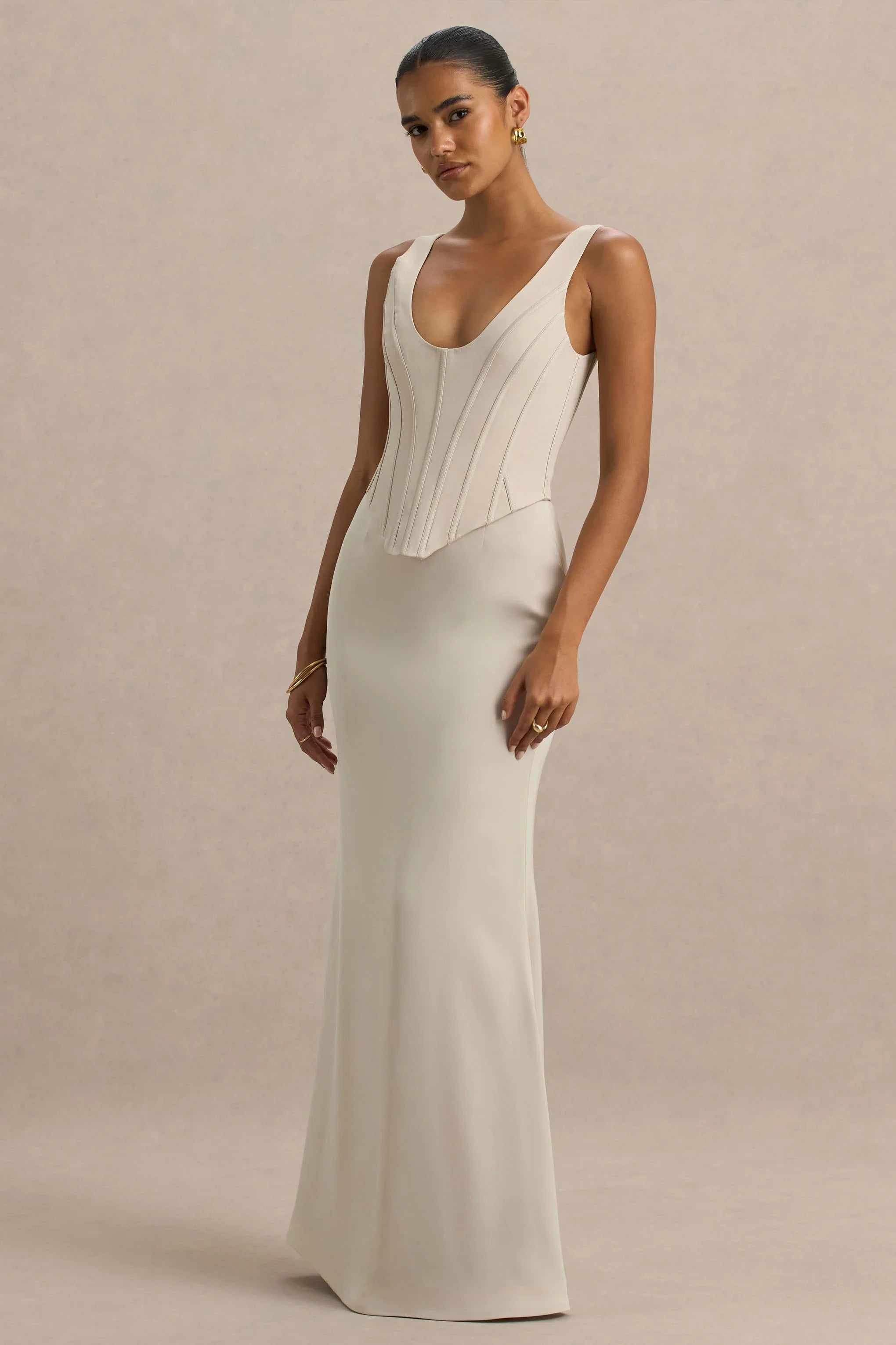 Morgan Champagne Satin Corset Maxi Dress