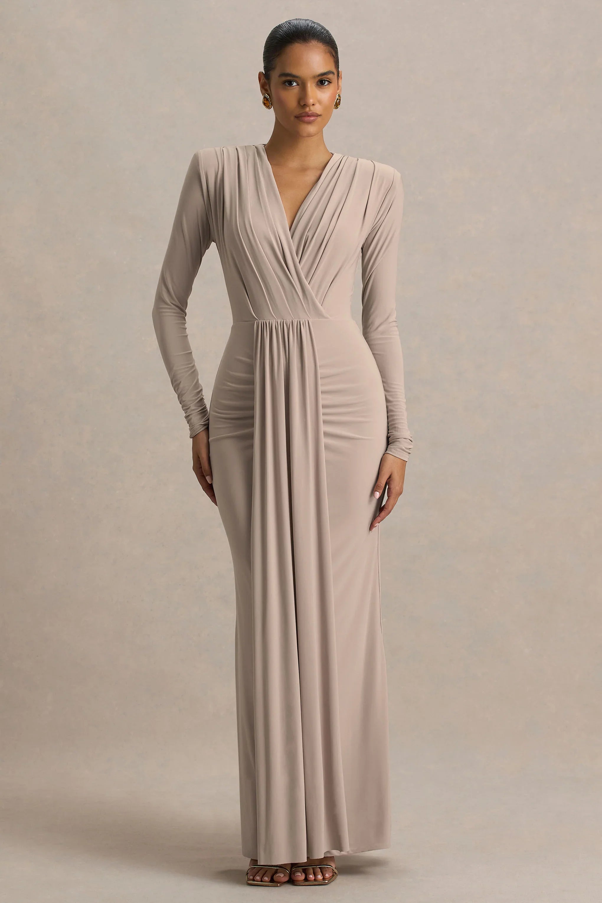 Flashy Champagne Plunge Neck Maxi Dress With Ruched Detailing