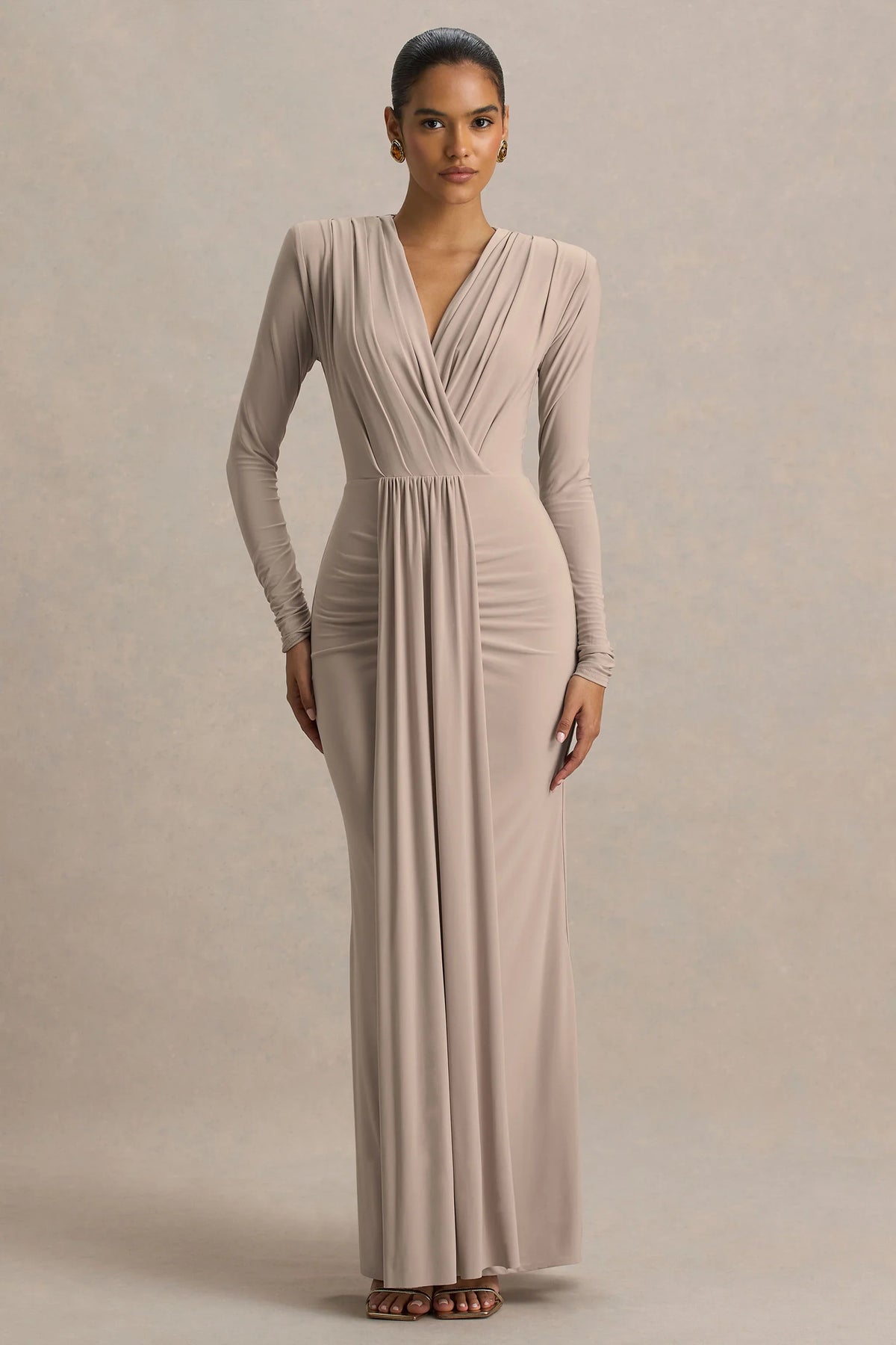 Flashy Champagne Plunge Neck Maxi Dress With Ruched Detailing