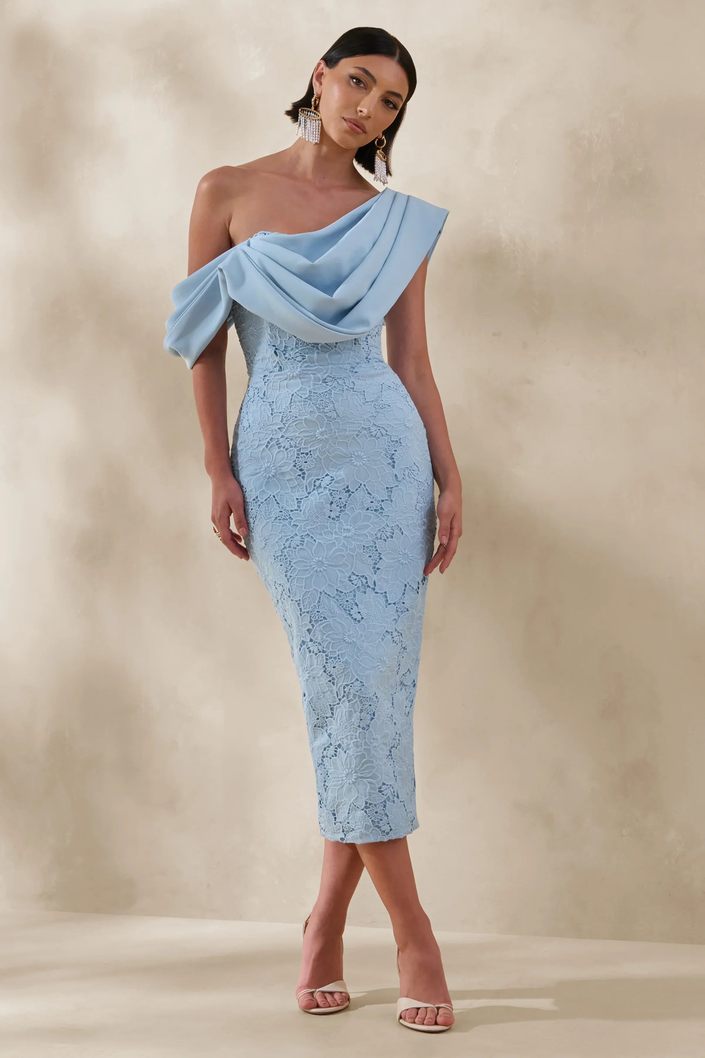 Loria Powder Blue Lace Asymmetric Neck Midi Dress With Draped Detailing