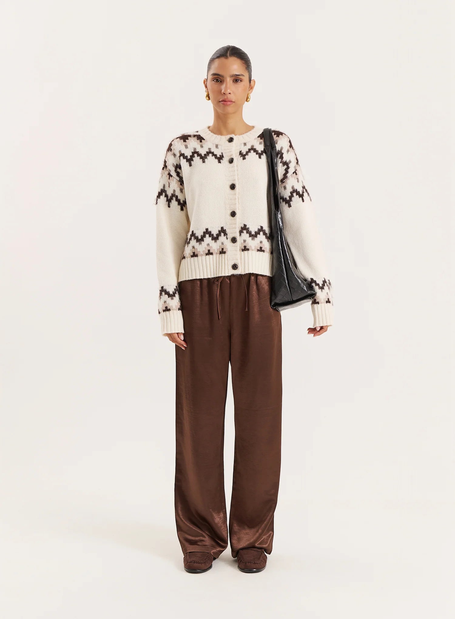 White Knitted Fairisle Button Front Cardigan