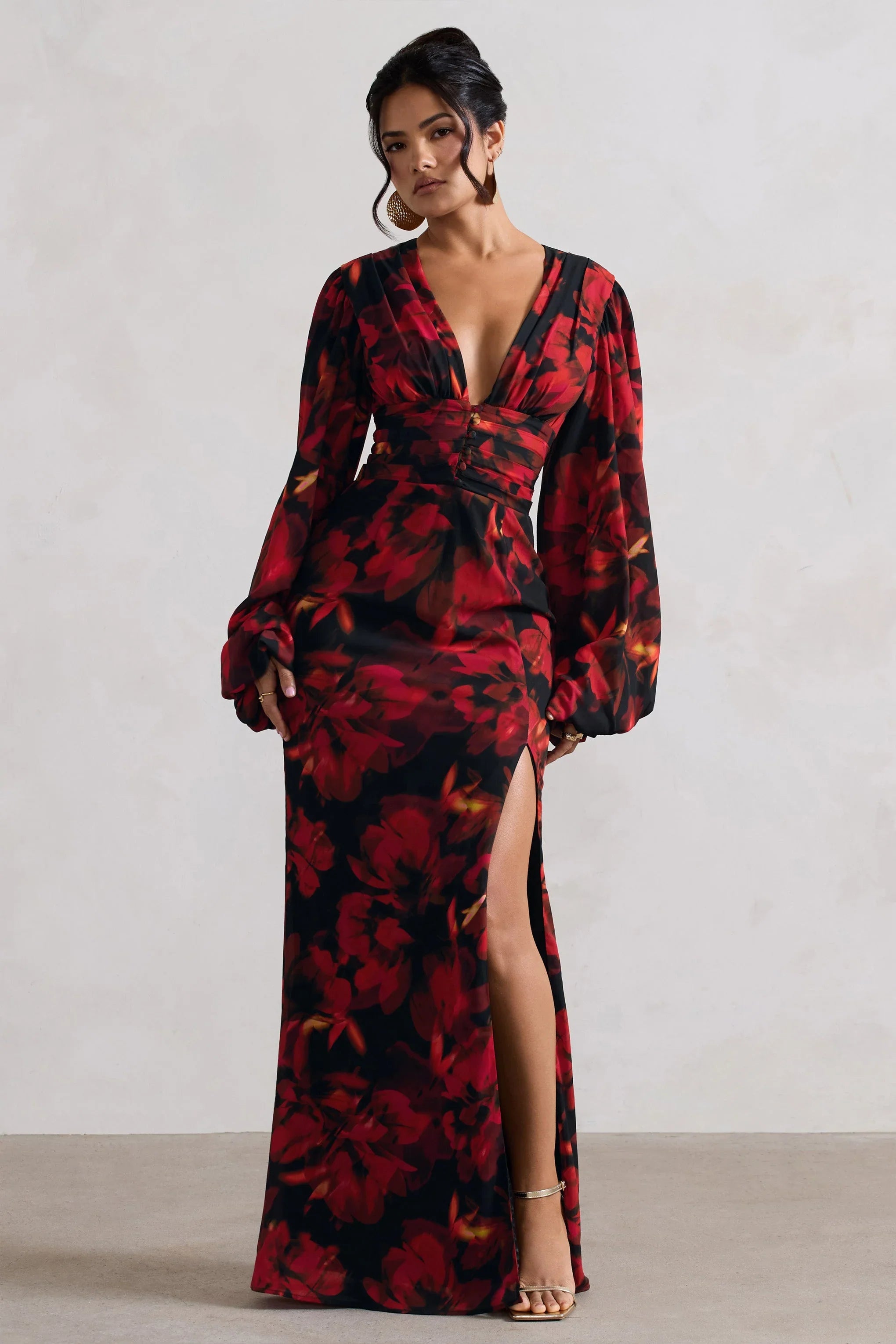 Casarile Red Floral Print V Neck Balloon Sleeve Maxi Dress