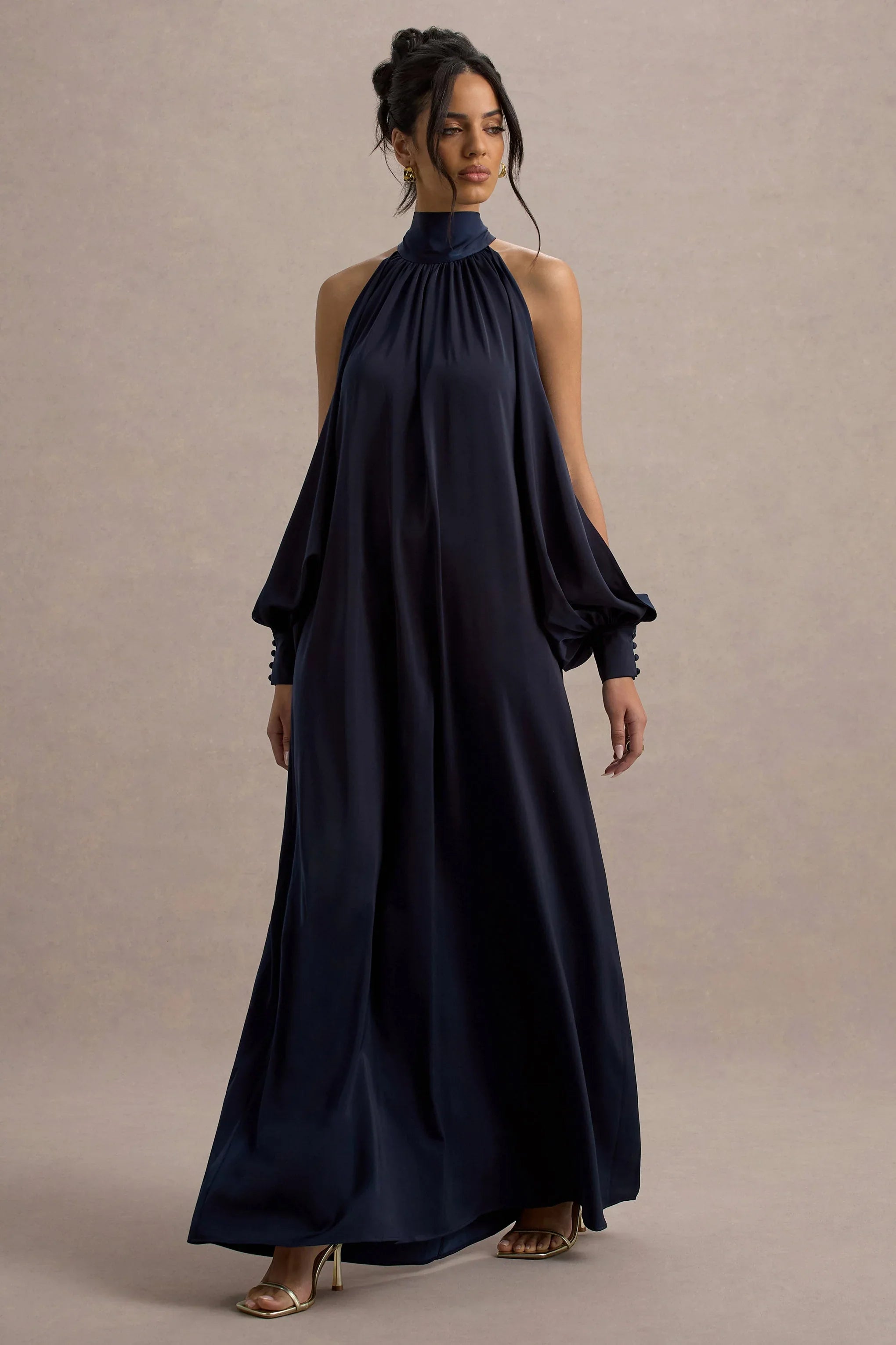 Baila Navy Satin High Neck Cape Sleeve Maxi Dress