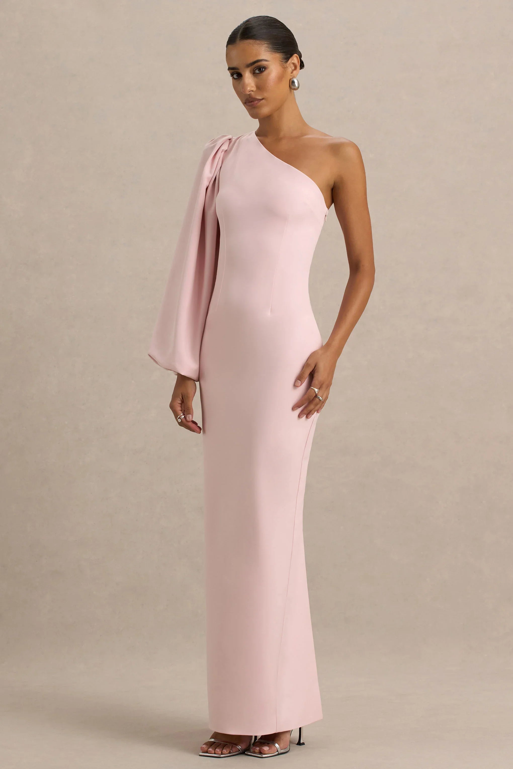 Kellis Pink Asymmetric Maxi Dress With Balloon Sleeve