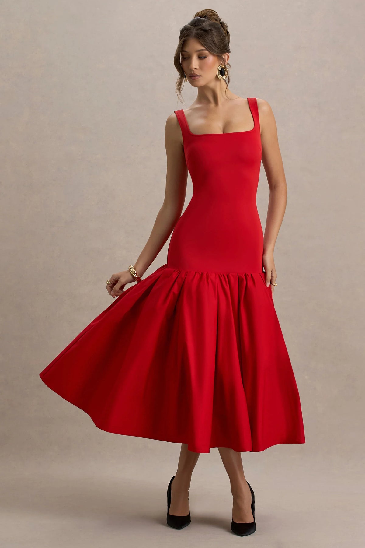 Parida Red Poplin Drop Waist Midi Dress With Peplum Hem