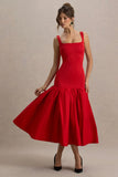 Parida Red Poplin Drop Waist Midi Dress With Peplum Hem