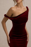 Carella Berry Velvet Twisted Asymmetric Midi Dress