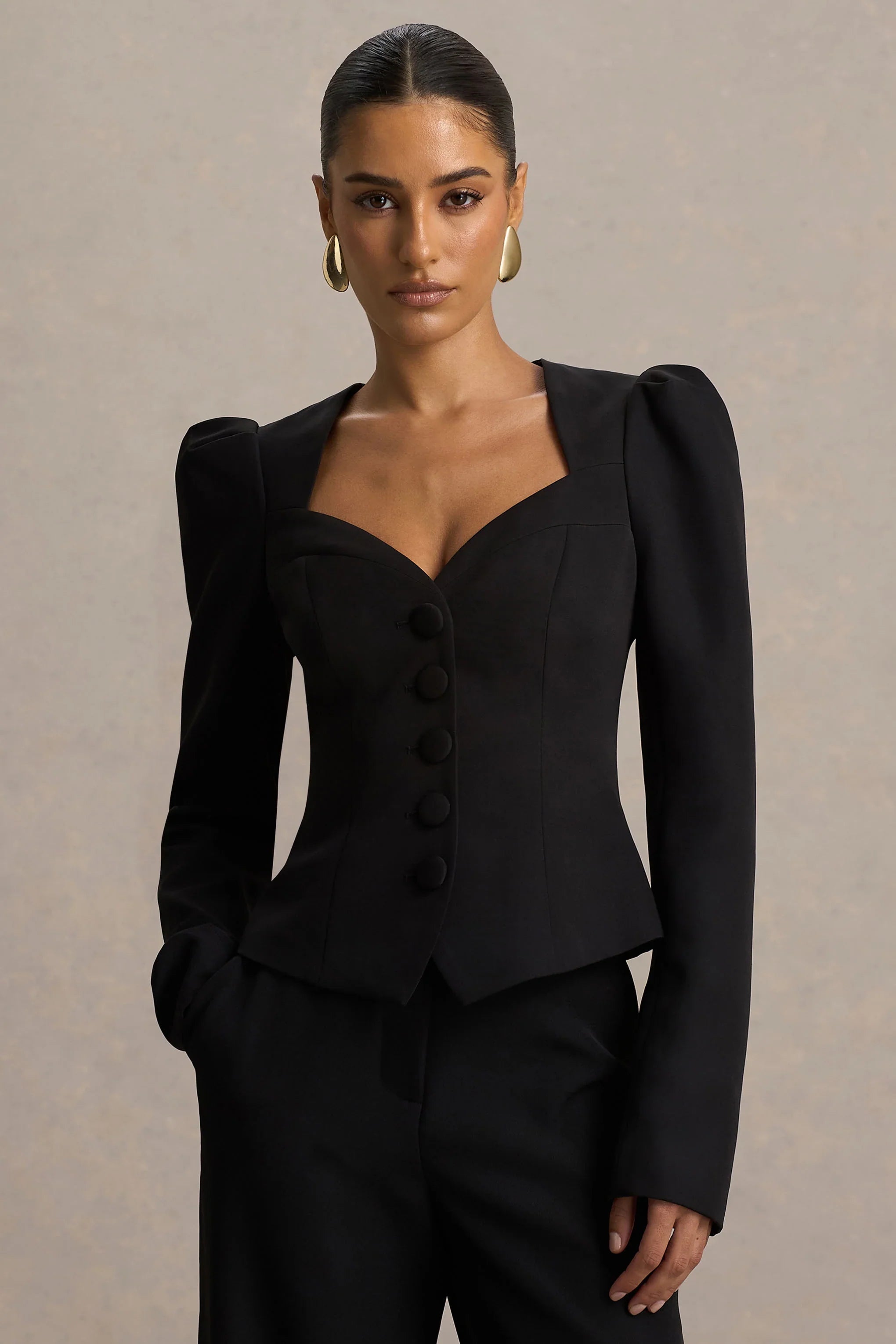 Olympia Black Sweetheart Neck Tailored Top