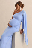 Shanae Light Blue Asymmetric Neck Maternity Maxi Dress With Cape Sleeve And Gathered Detailing