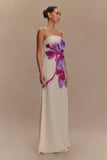 Amaya Strapless Chiffon Maxi Dress Ivory Koi Orchid Print
