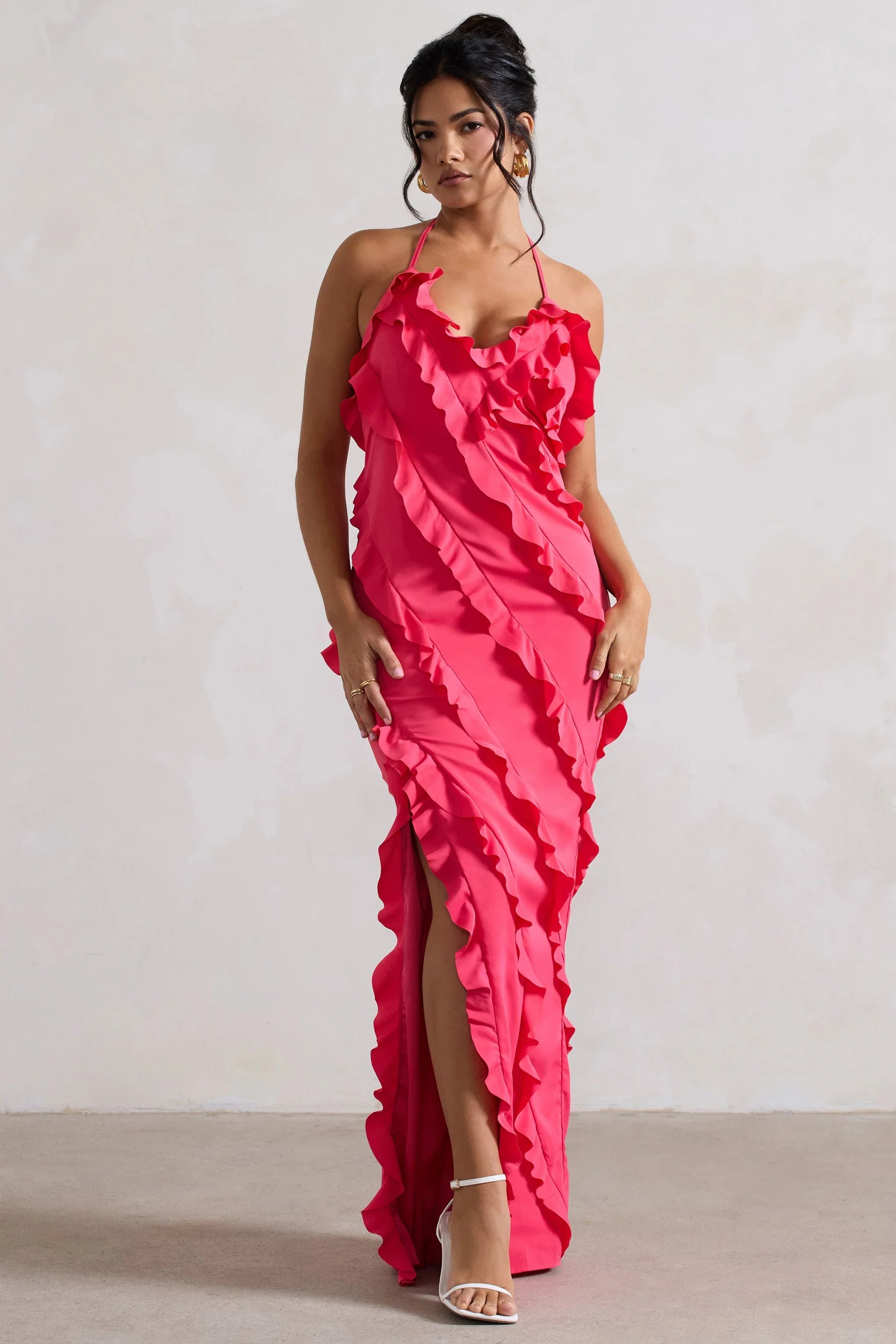 Full On Hot Pink V Neck Ruffle Maxi Dress