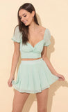 Puff Sleeve Chiffon Set in Green Dots