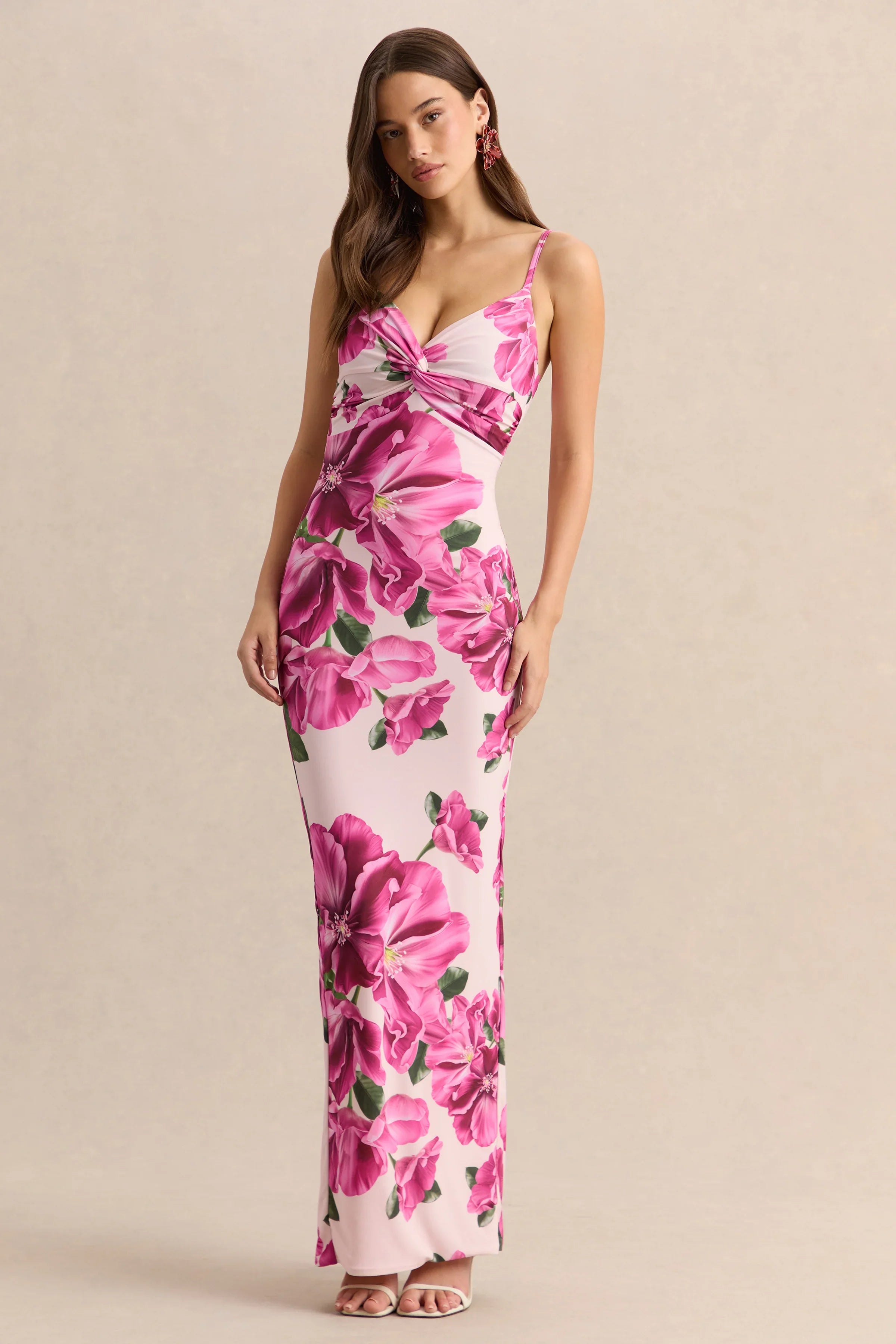 Luz Pink Hibiscus Floral Print Strappy Maxi Dress