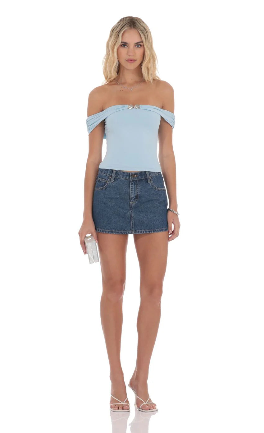 Embellished Off Shoulder Top in Light Blue